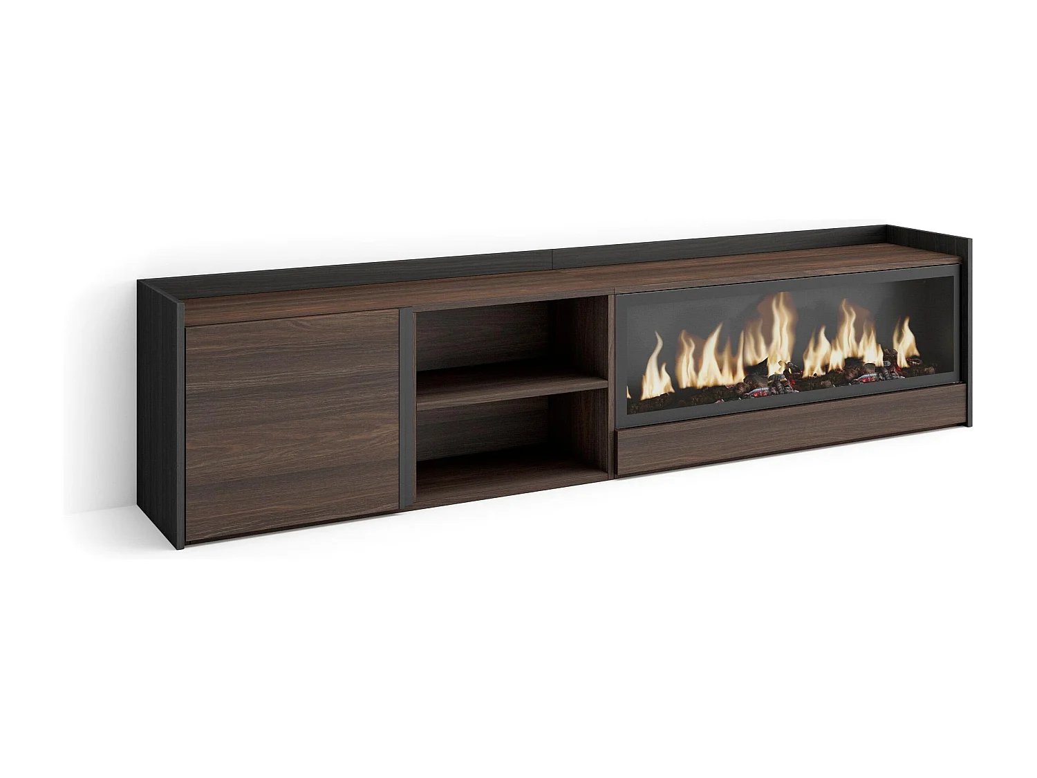 TV-Schrank - Lowboard - 212x50x35cm - Für TV-Geräte bis zu 80" - Elektrokamin XXL - Dunkler Eiche und Schwarz