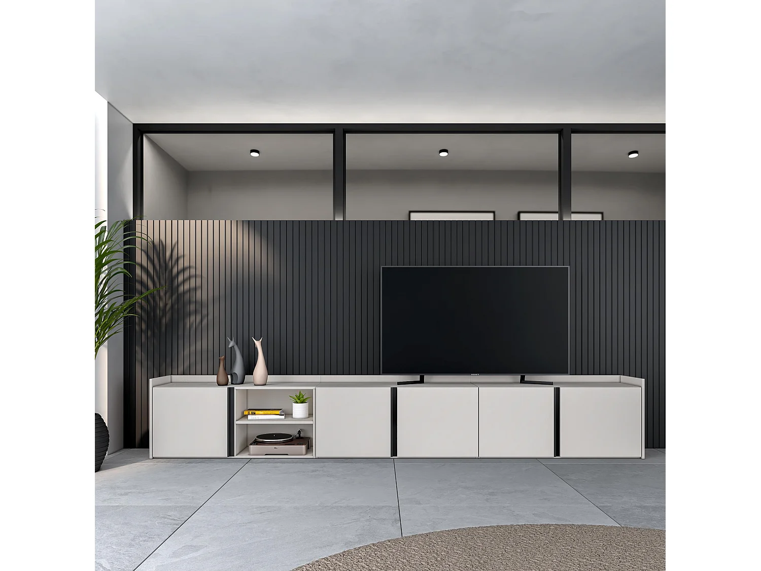 Meuble TV, Banc Télé, 309x50x35 cm, Pour les TV jusqu'à 80", Meubles de salon, Beige