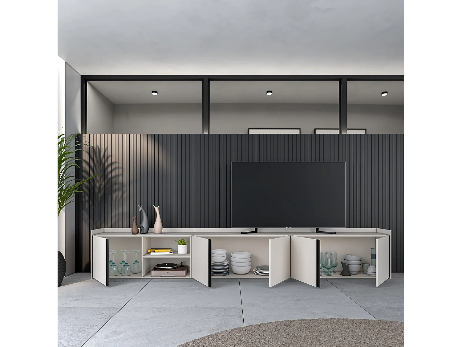 Meuble TV, Banc Télé, 309x50x35 cm, Pour les TV jusqu'à 80", Meubles de salon, Beige