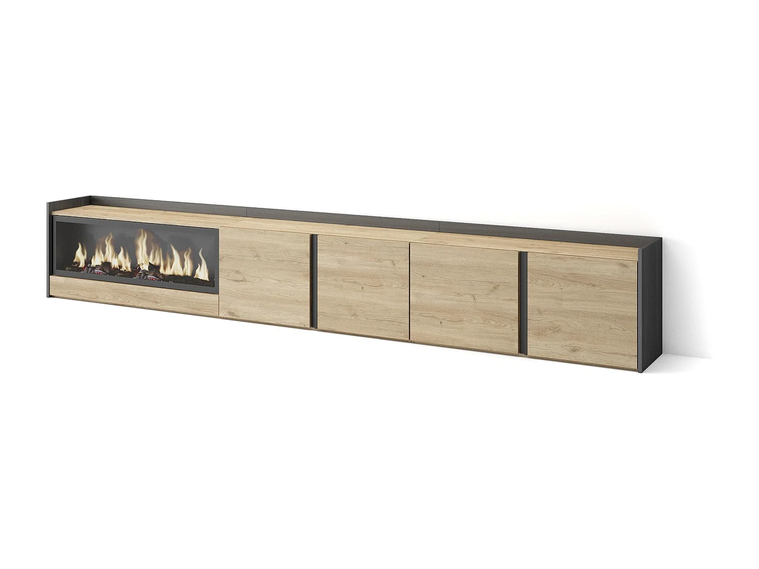 TV-Schrank - Lowboard - 315x50x35cm - Für TV-Geräte bis zu 80" - Elektrokamin XXL - Eiche Schwarz