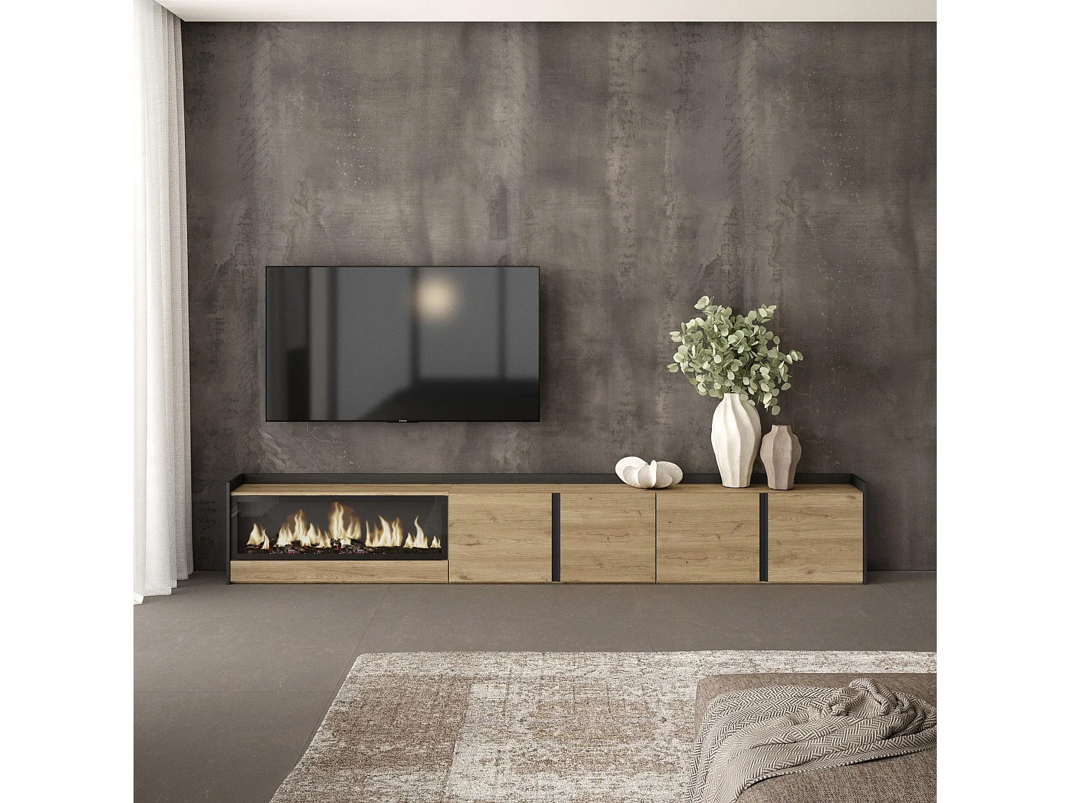 TV-Schrank - Lowboard - 315x50x35cm - Für TV-Geräte bis zu 80" - Elektrokamin XXL - Eiche Schwarz