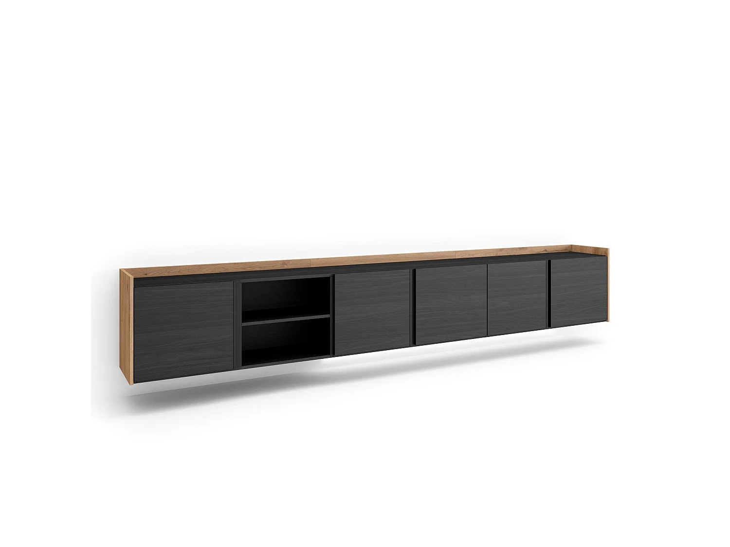 TV-Schrank, Lowboard, 309x50x35 cm, Für TV-Geräte bis zu 80", Hängend, LED, Schwarz Eiche