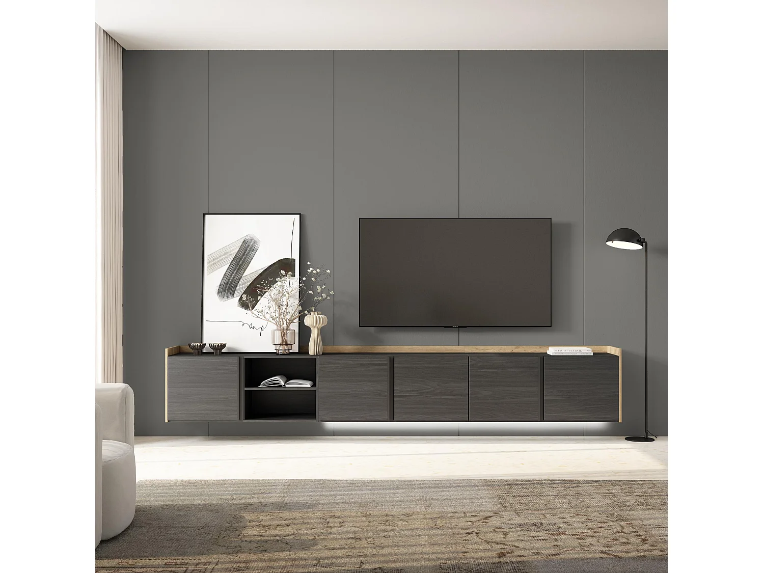 TV-Schrank, Lowboard, 309x50x35 cm, Für TV-Geräte bis zu 80", Hängend, LED, Schwarz Eiche
