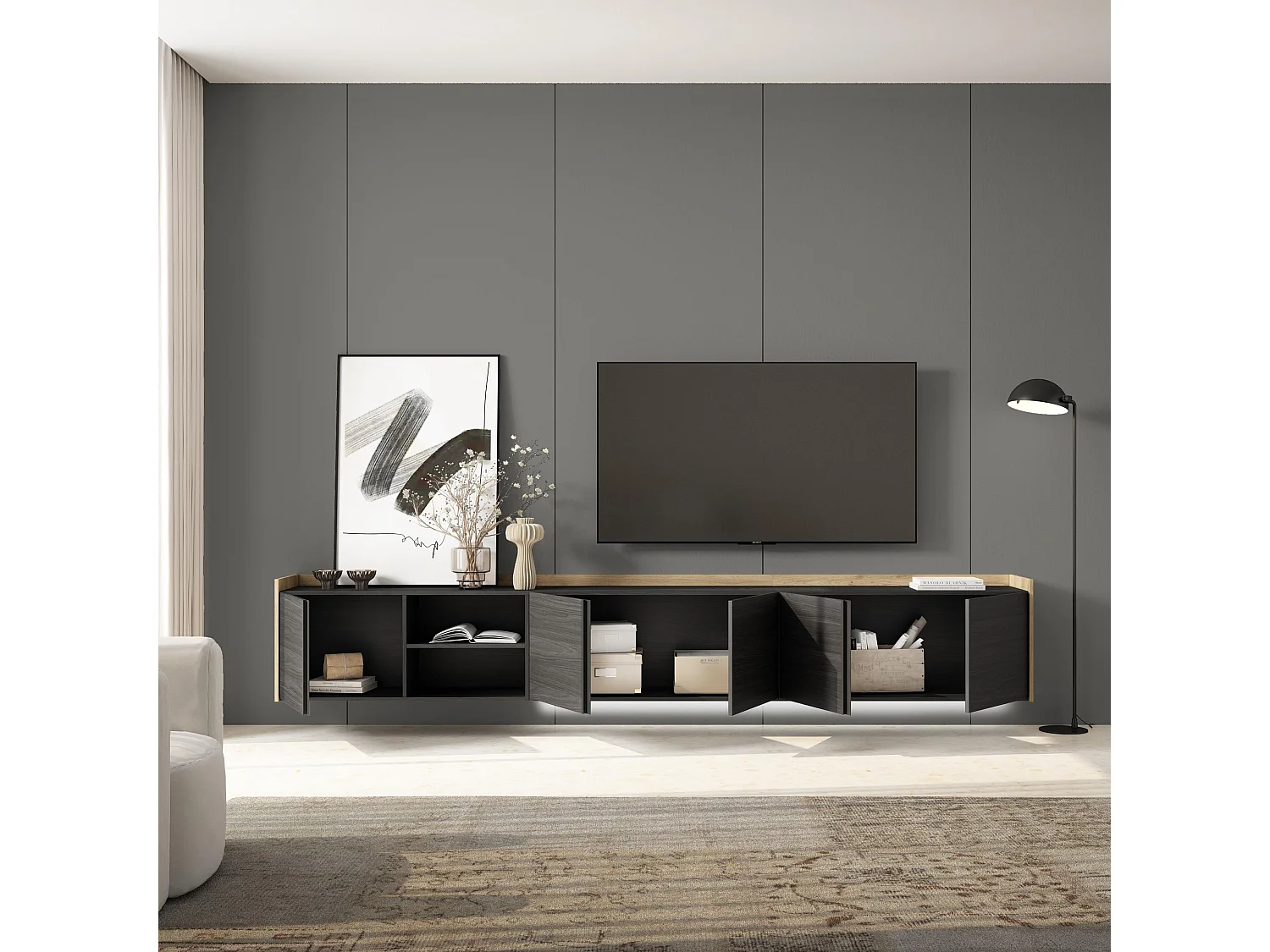 TV-Schrank, Lowboard, 309x50x35 cm, Für TV-Geräte bis zu 80", Hängend, LED, Schwarz Eiche