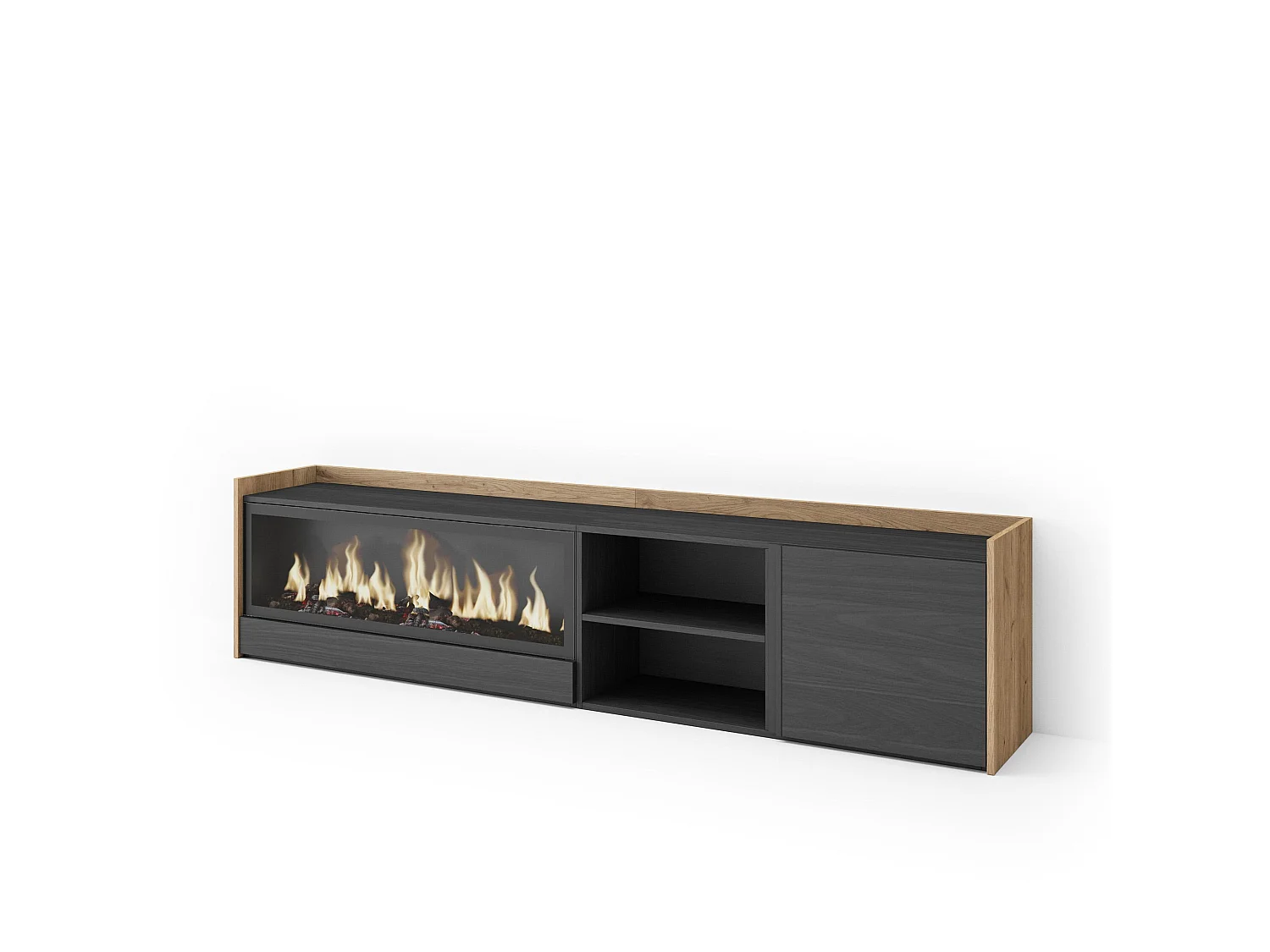 Móvel de TV, 212x50x35 cm, Para televisores até 80", Lareira eléctrica XXL, Preto e Carvalho