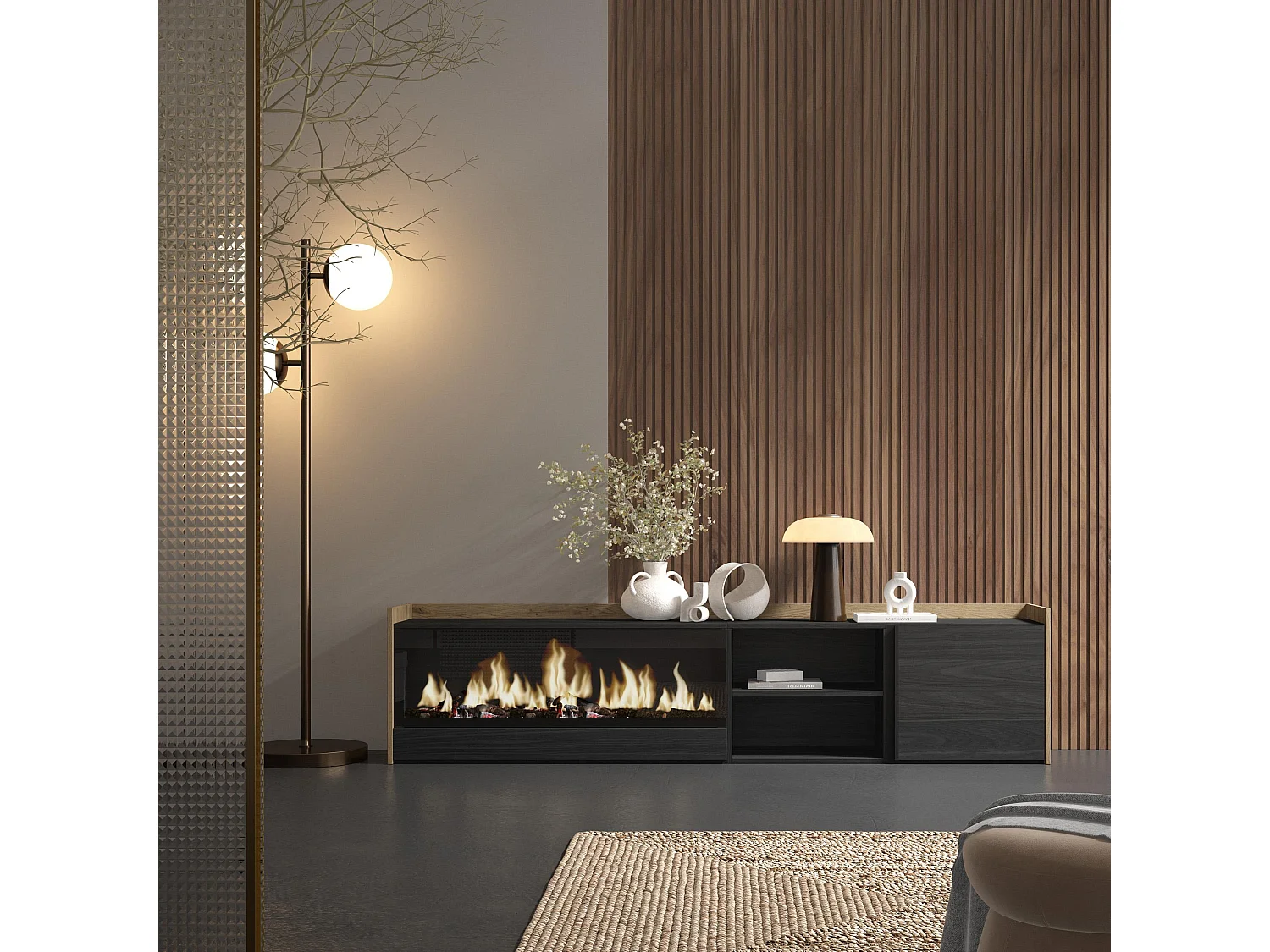 Móvel de TV, 212x50x35 cm, Para televisores até 80", Lareira eléctrica XXL, Preto e Carvalho