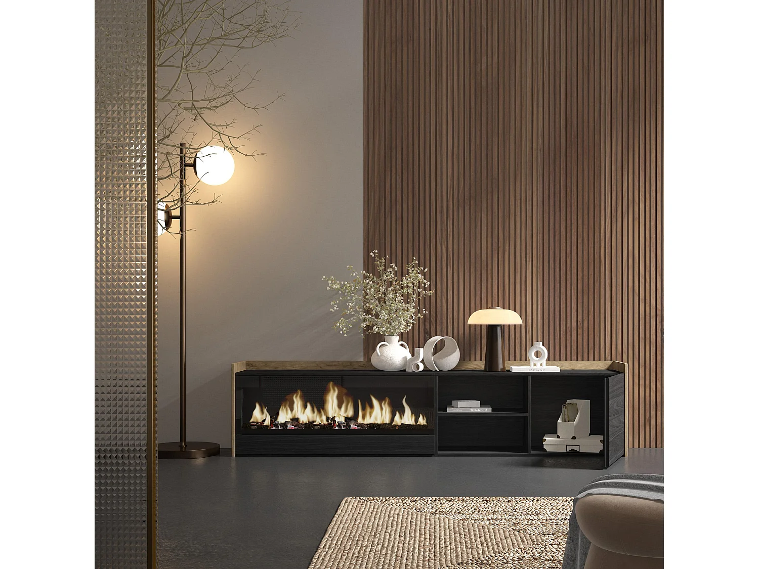 Móvel de TV, 212x50x35 cm, Para televisores até 80", Lareira eléctrica XXL, Preto e Carvalho