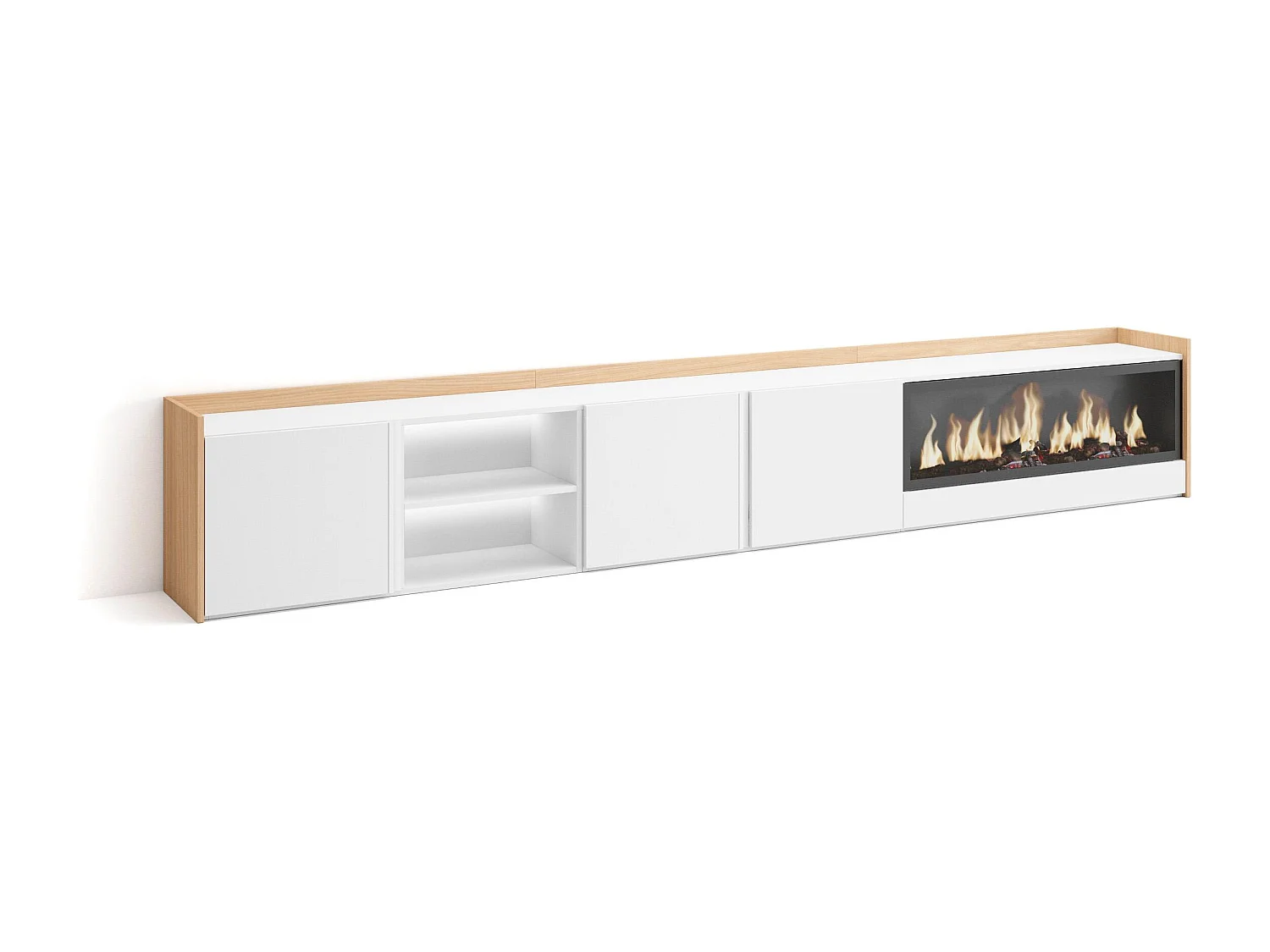 TV-Meubel, Lowboard, 315x50x35 cm, Voor tv's tot 80", Elektrische haard XXL, LED, Wit en Eiken soft