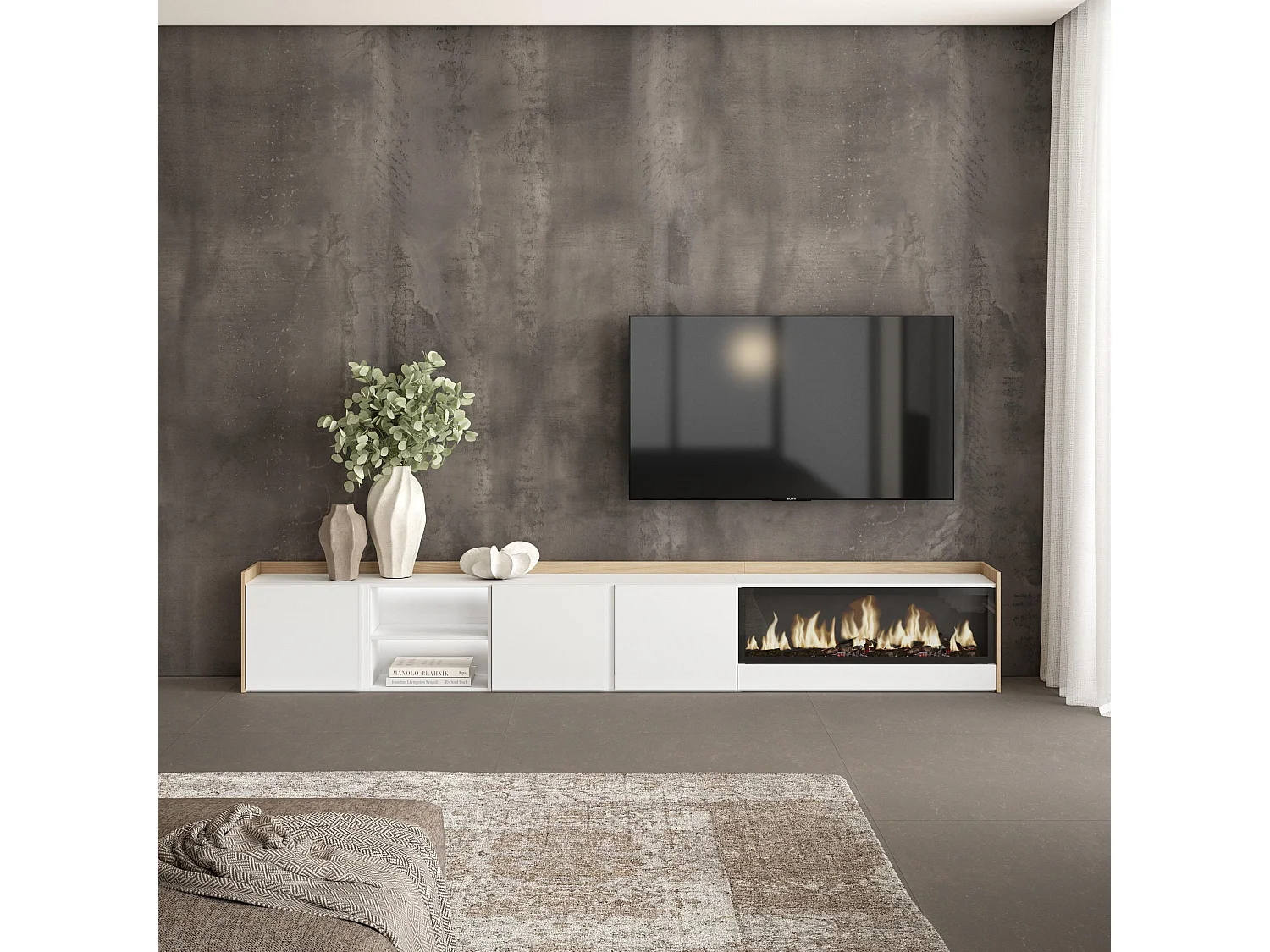 TV-Meubel, Lowboard, 315x50x35 cm, Voor tv's tot 80", Elektrische haard XXL, LED, Wit en Eiken soft