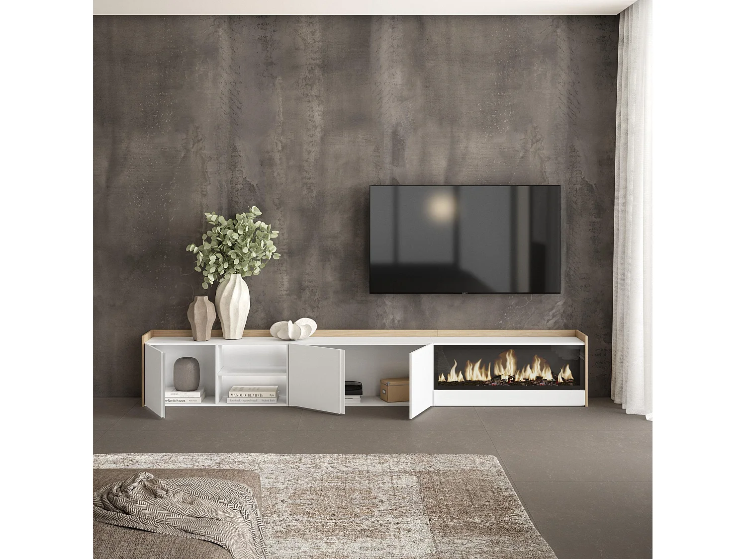 TV-Meubel, Lowboard, 315x50x35 cm, Voor tv's tot 80", Elektrische haard XXL, LED, Wit en Eiken soft
