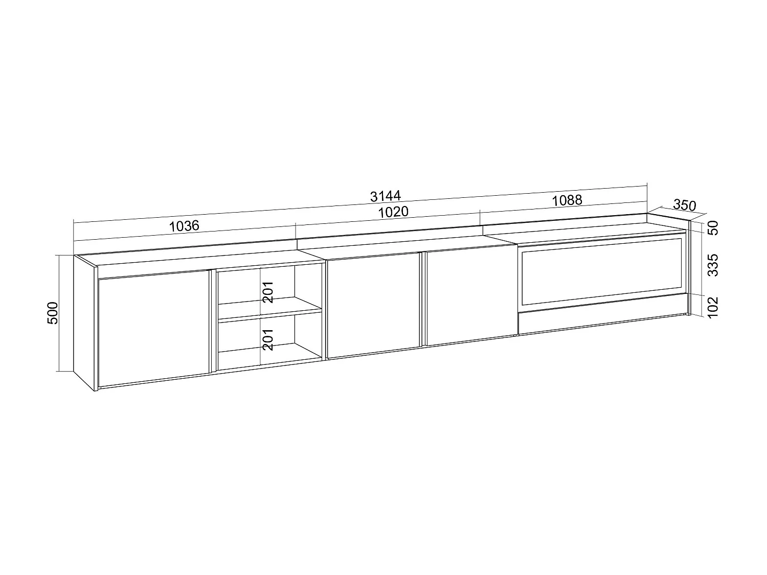 TV-Meubel, Lowboard, 315x50x35 cm, Voor tv's tot 80", Elektrische haard XXL, LED, Wit en Eiken soft