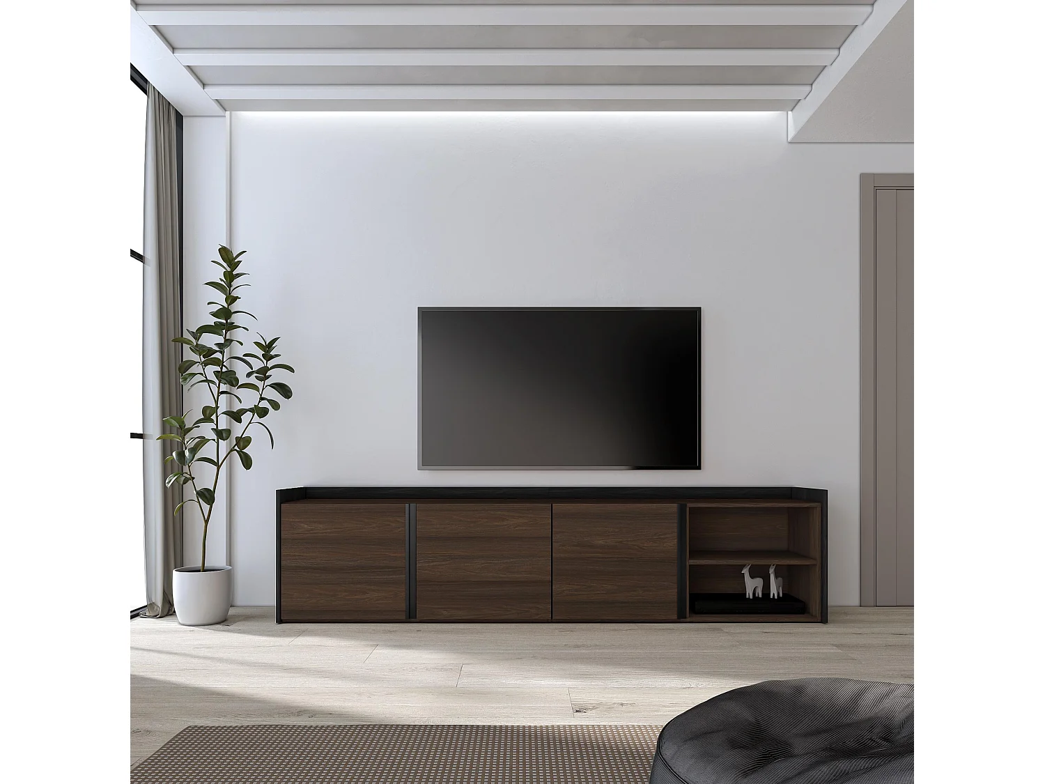 Mueble TV, Televisión, 207x50x35 cm, Para TV hasta 80", Con almacenamiento, Roble oscuro y Negro