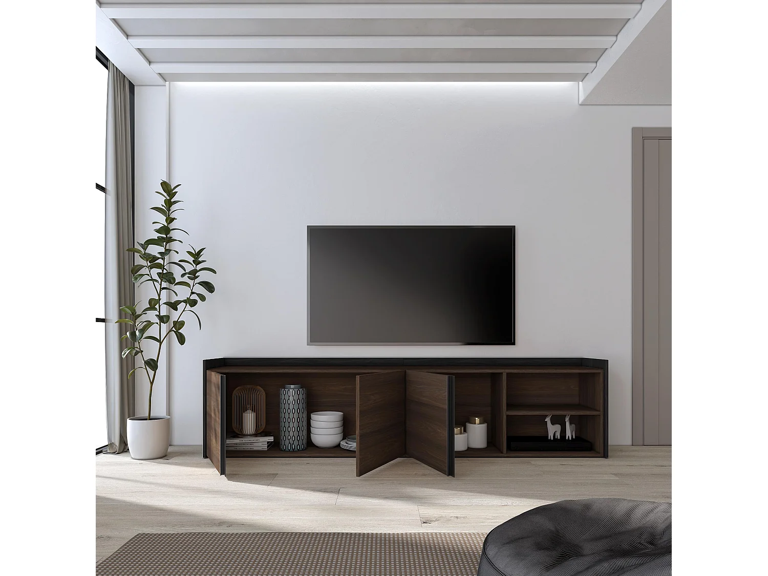 Mueble TV, Televisión, 207x50x35 cm, Para TV hasta 80", Con almacenamiento, Roble oscuro y Negro