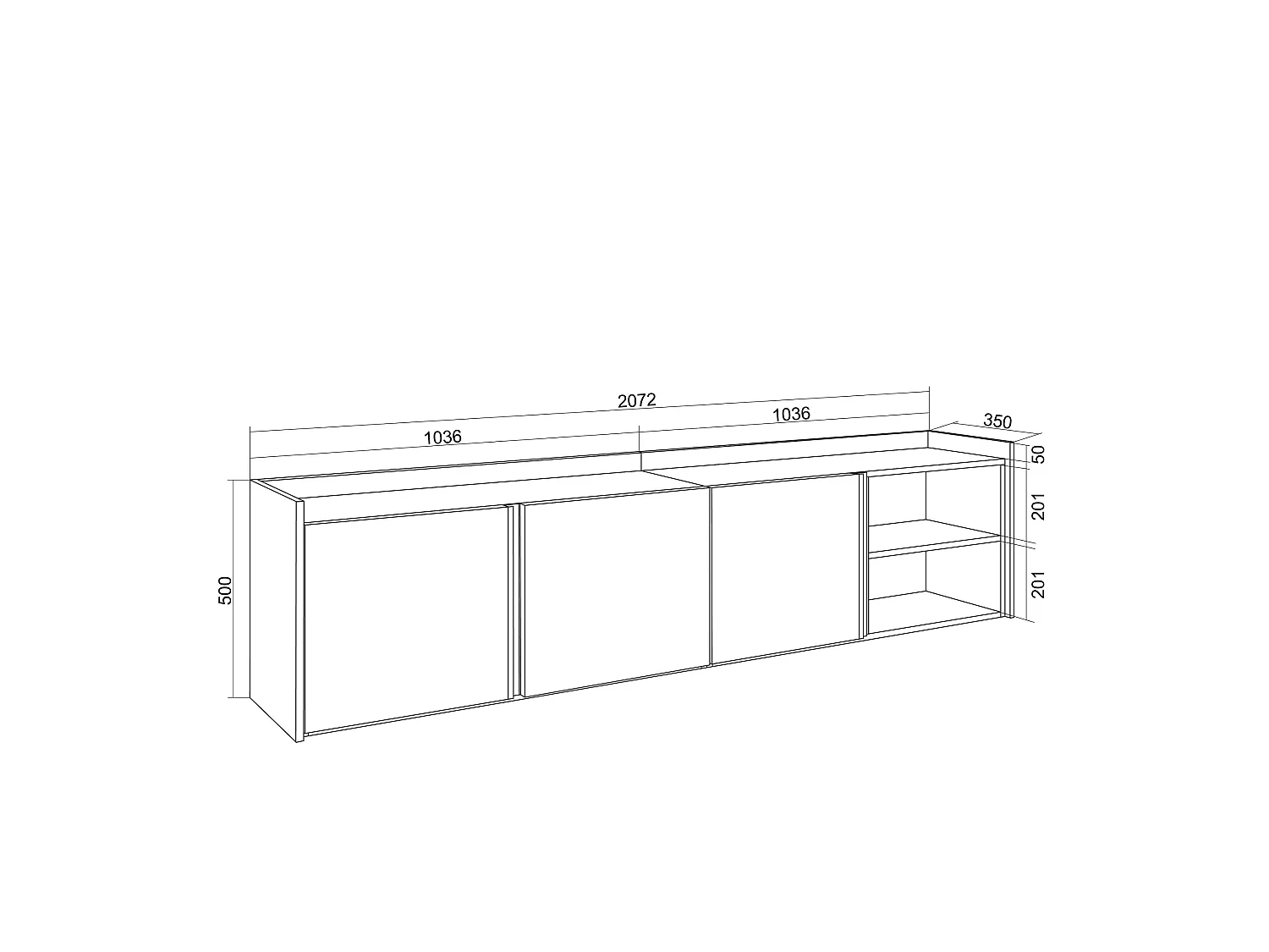 Mueble TV, Televisión, 207x50x35 cm, Para TV hasta 80", Con almacenamiento, Roble oscuro y Negro