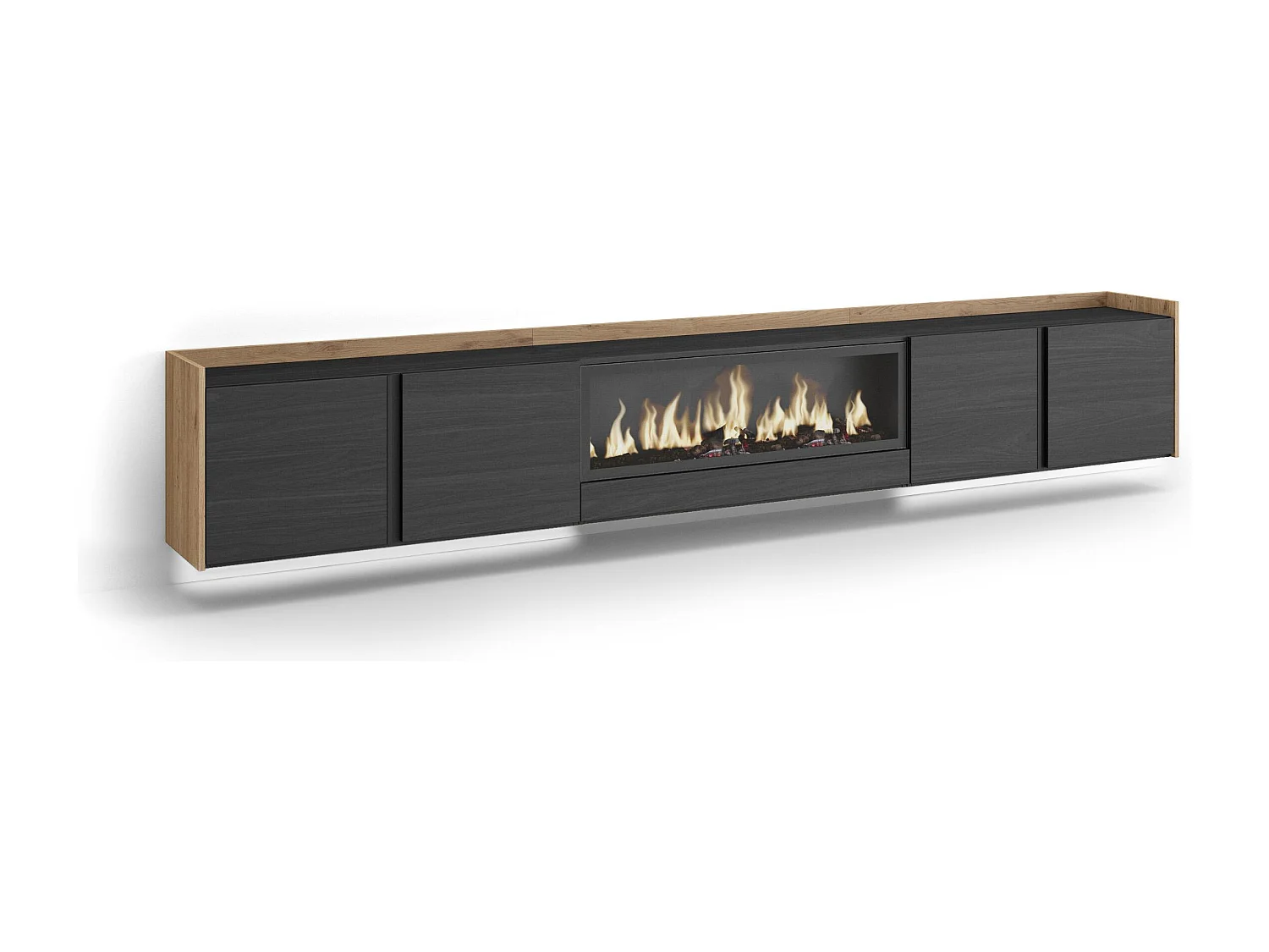 TV-Schrank, Lowboard, 315x50x35 cm, Für TV-Geräte bis zu 80", Elektrokamin XXL, Hängend, LED, Schwarz Eiche