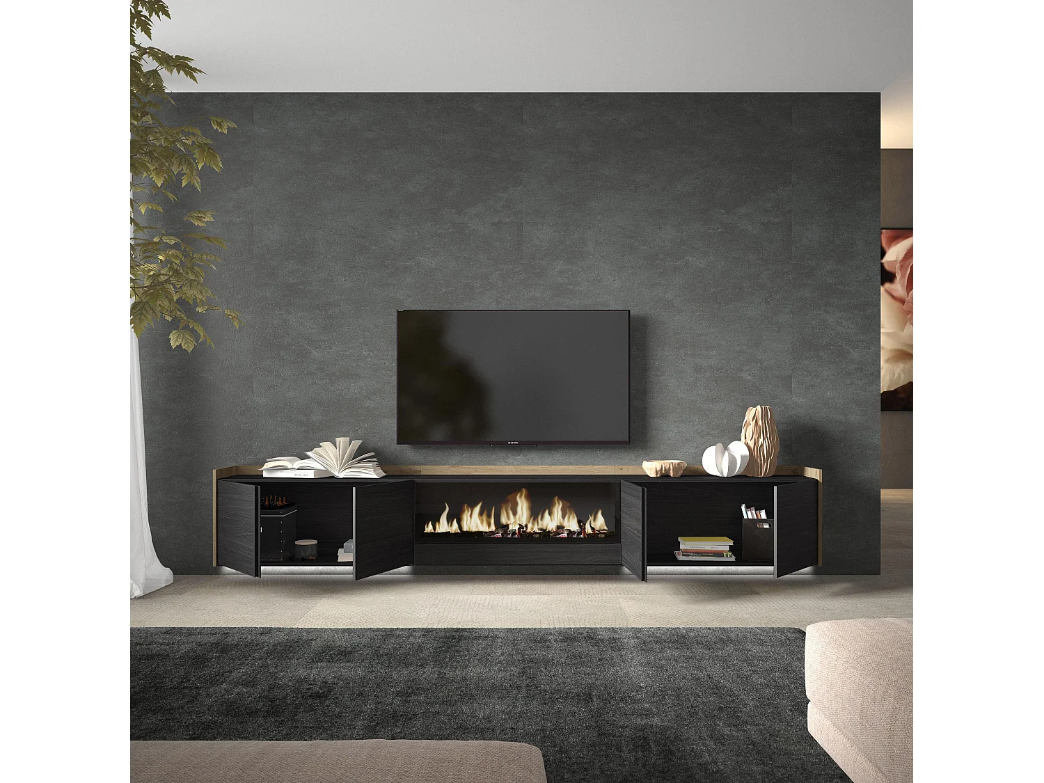TV-Schrank, Lowboard, 315x50x35 cm, Für TV-Geräte bis zu 80", Elektrokamin XXL, Hängend, LED, Schwarz Eiche