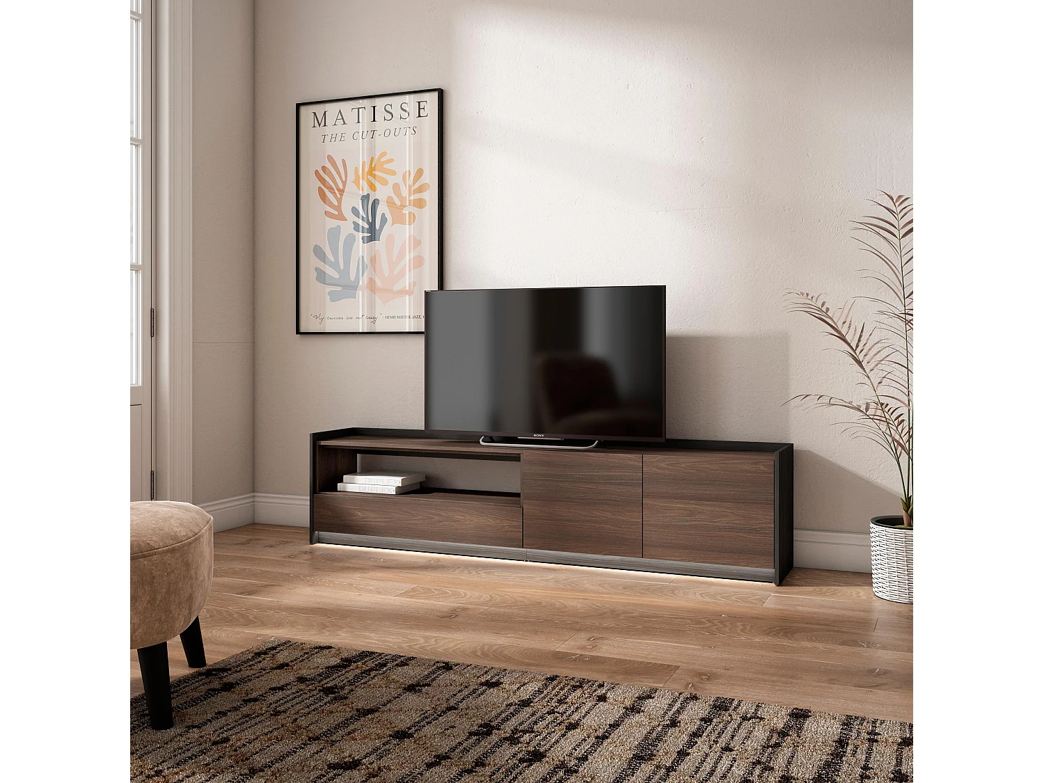 Meuble TV, Banc Télé, 207x50x37 cm, Pour les TV jusqu'à 80", LED, Chêne foncé et Noir