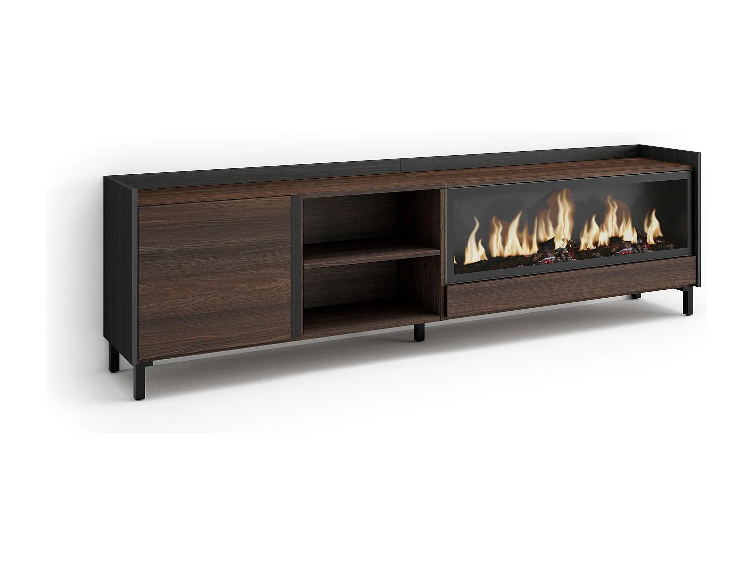 TV-Meubel, Lowboard, 212x61x35 cm, Voor tv's tot 80", Elektrische haard XXL, Industrieel design, Donkere eik en Zwart