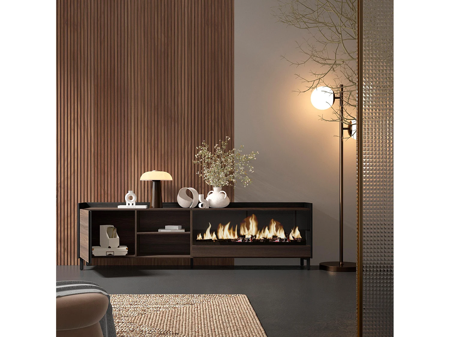 TV-Meubel, Lowboard, 212x61x35 cm, Voor tv's tot 80", Elektrische haard XXL, Industrieel design, Donkere eik en Zwart