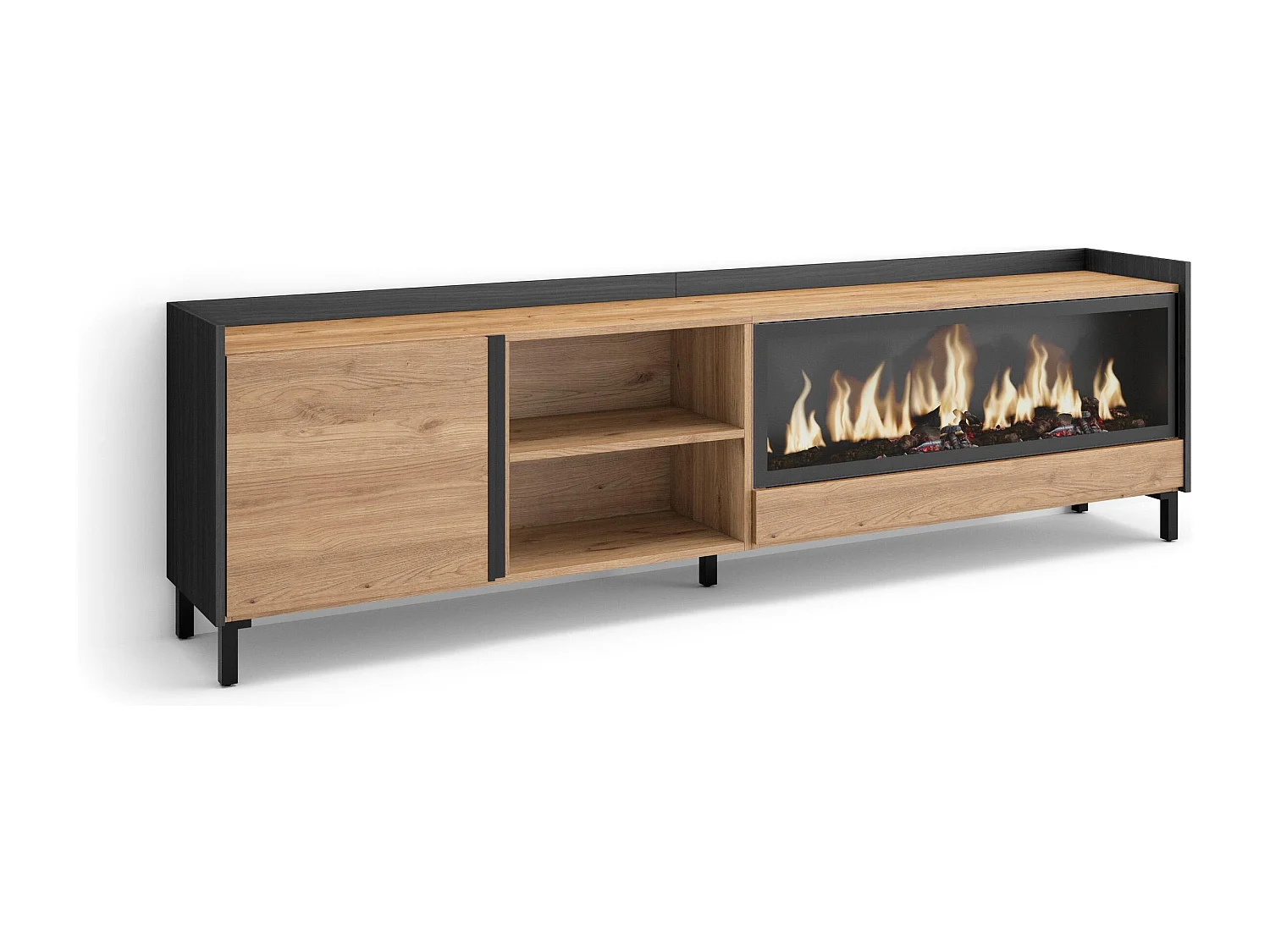 TV-Schrank, Lowboard, 212x61x35 cm, Für TV-Geräte bis zu 80", Elektrokamin XXL, Industriedesign, Eiche Schwarz