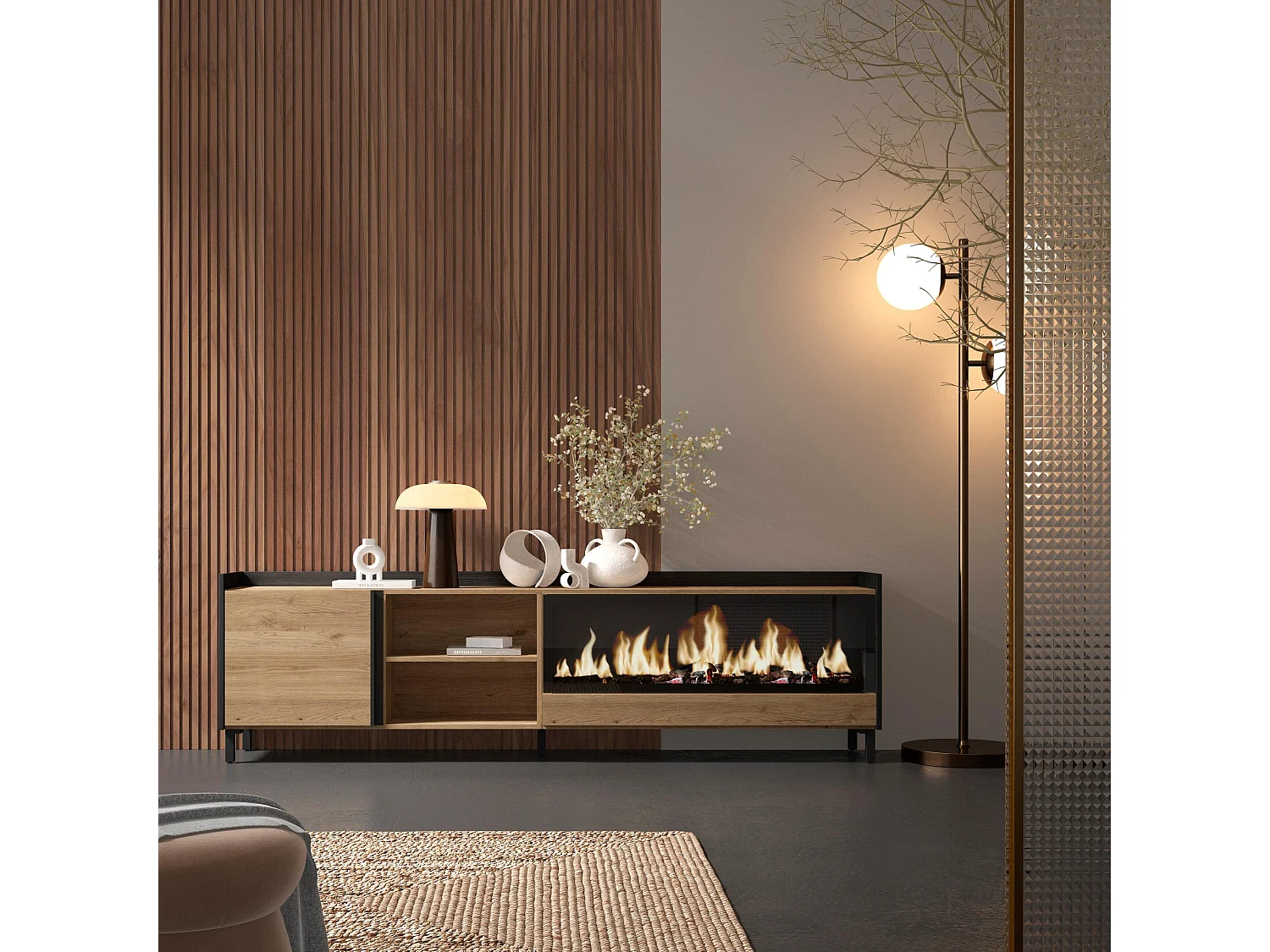 TV-Schrank, Lowboard, 212x61x35 cm, Für TV-Geräte bis zu 80", Elektrokamin XXL, Industriedesign, Eiche Schwarz