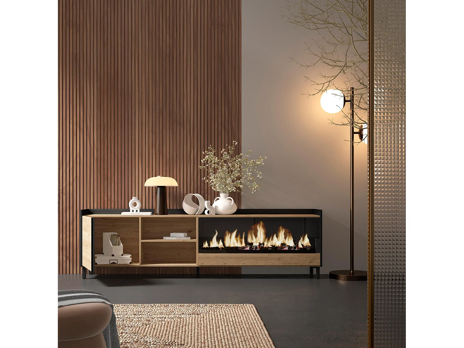 TV-Schrank, Lowboard, 212x61x35 cm, Für TV-Geräte bis zu 80", Elektrokamin XXL, Industriedesign, Eiche Schwarz