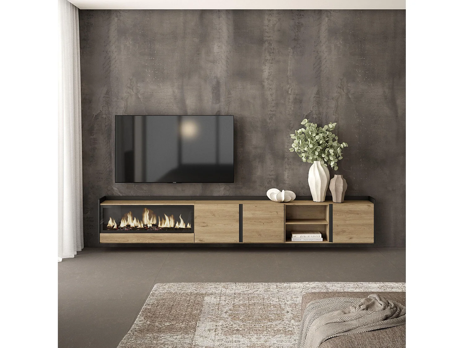 Móvel de TV, 315x50x35 cm, Para televisores até 80", Lareira eléctrica XXL, Suspensos, Carvalho e preto