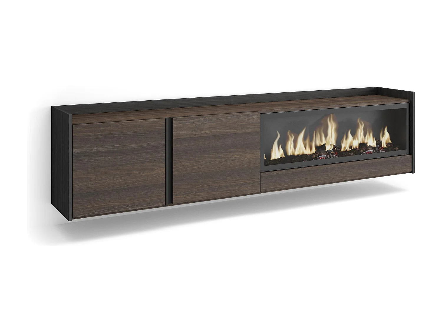 TV-Schrank, Lowboard, 212x50x35 cm, Für TV-Geräte bis zu 80", Elektrokamin XXL, Hängend, Dunkler Eiche und Schwarz