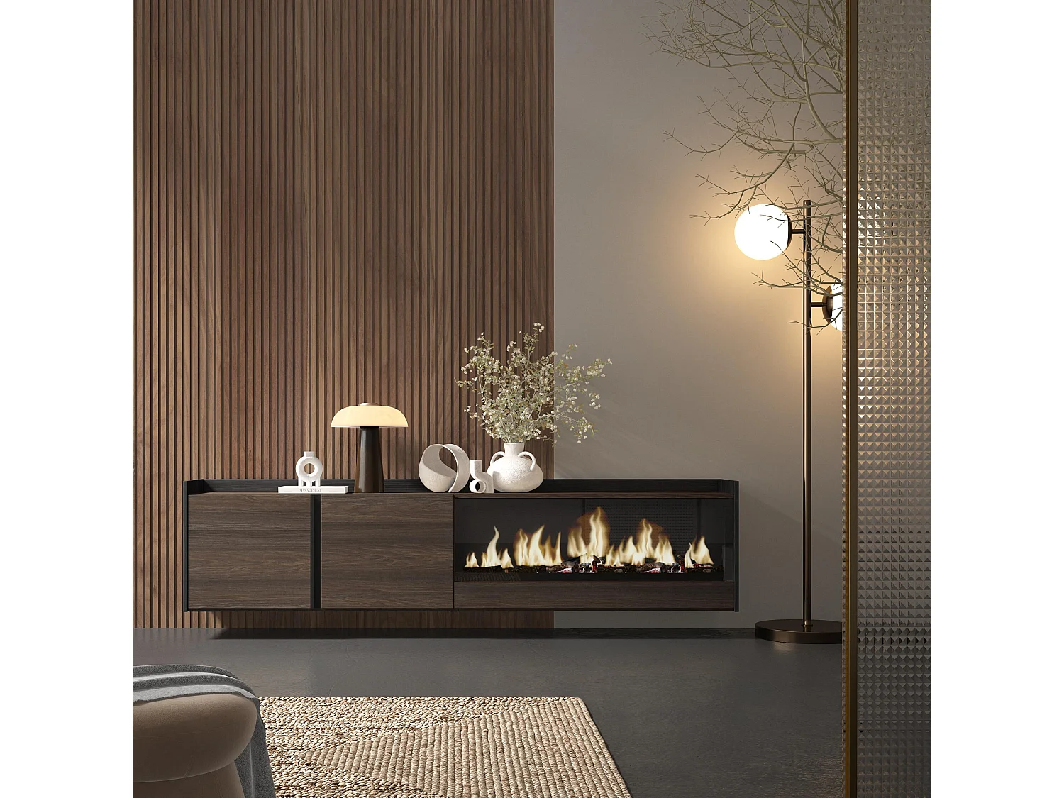 TV-Schrank, Lowboard, 212x50x35 cm, Für TV-Geräte bis zu 80", Elektrokamin XXL, Hängend, Dunkler Eiche und Schwarz