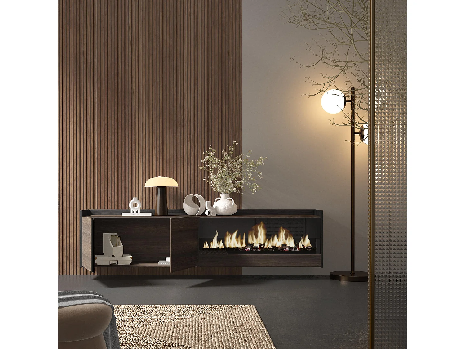 TV-Schrank, Lowboard, 212x50x35 cm, Für TV-Geräte bis zu 80", Elektrokamin XXL, Hängend, Dunkler Eiche und Schwarz