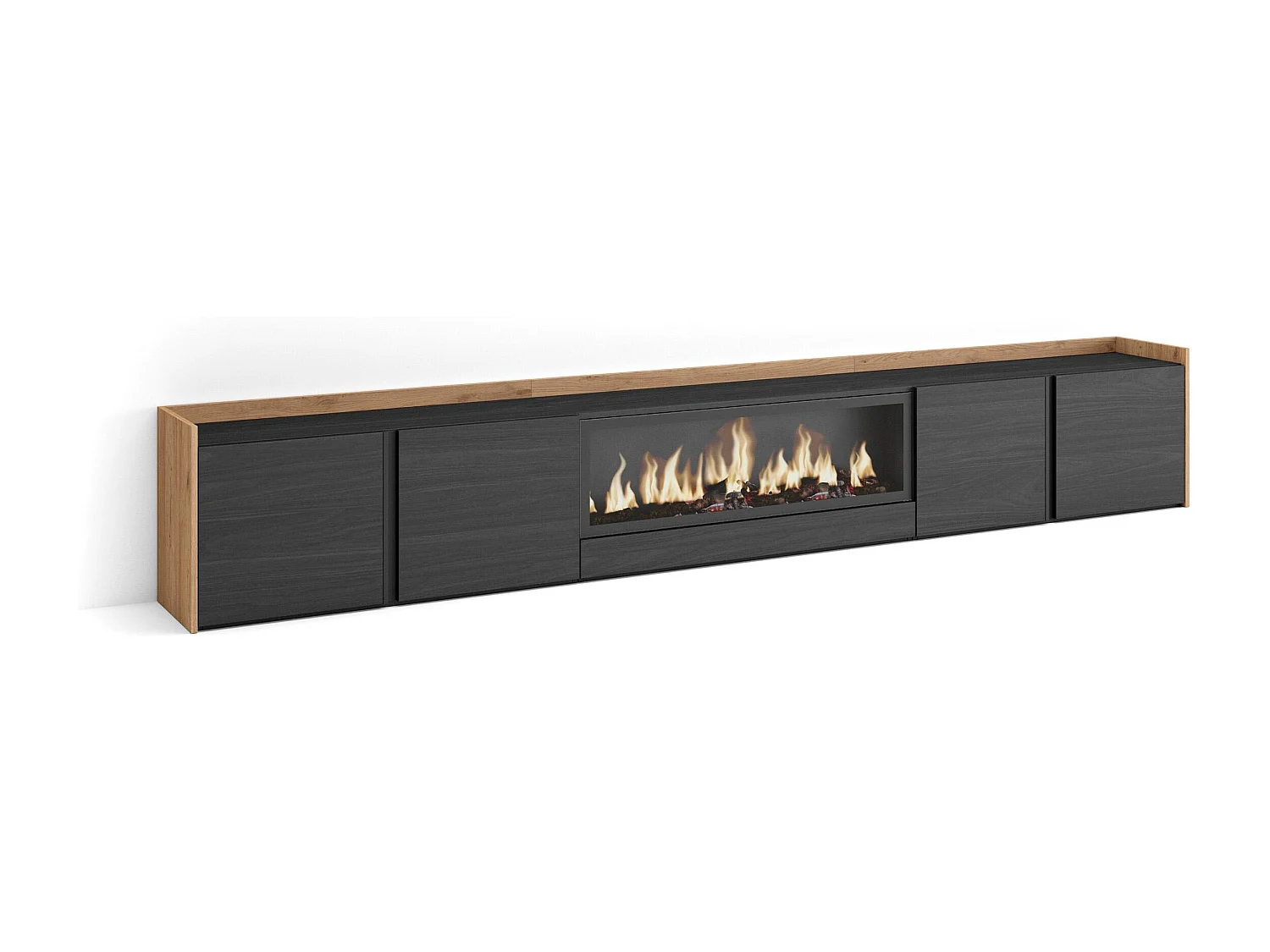 TV-Meubel, Lowboard, 315x50x35 cm, Voor tv's tot 80", Elektrische haard XXL, Zwart/Eiken