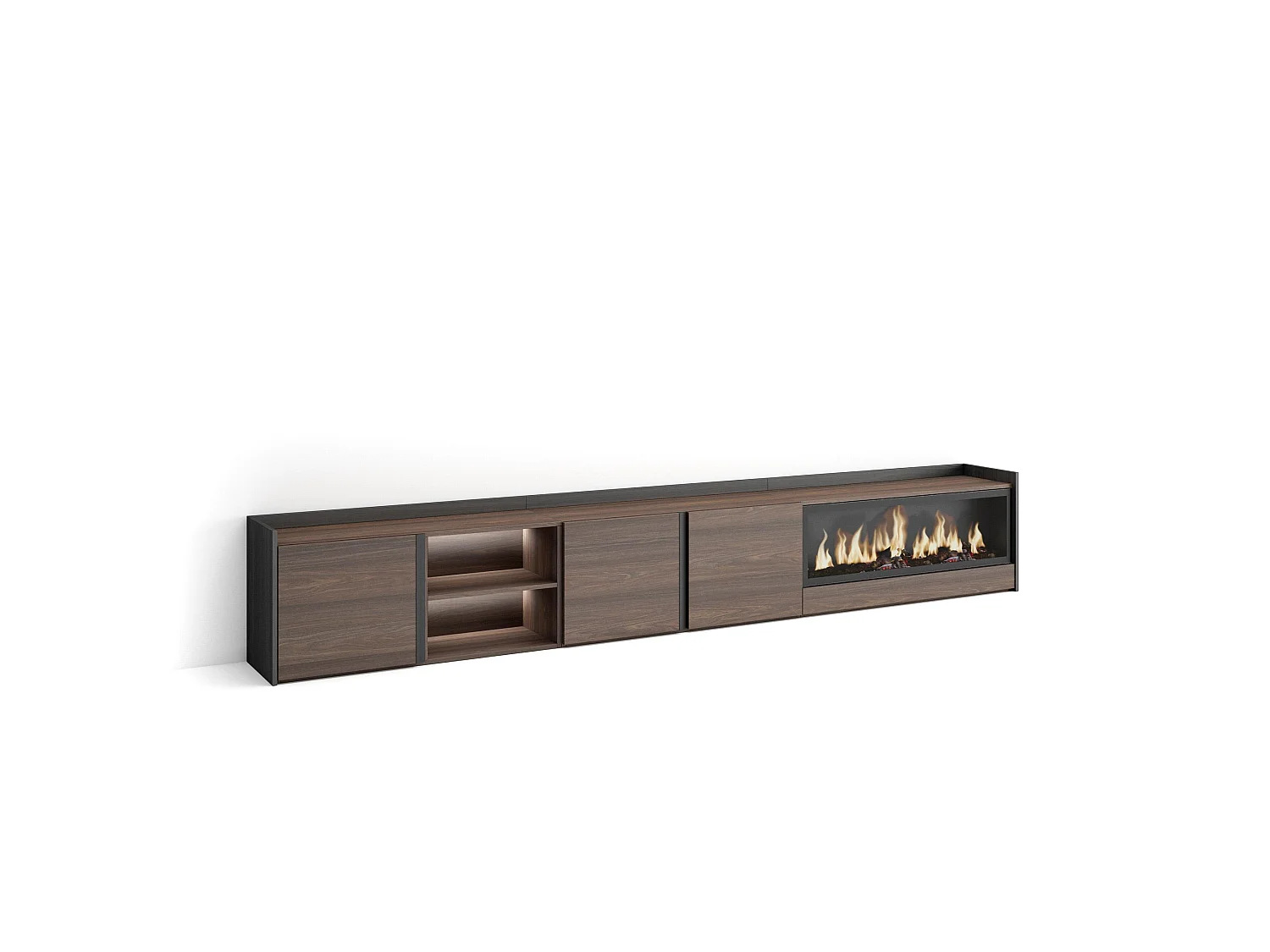 TV-Schrank, Lowboard, 315x50x35 cm, Für TV-Geräte bis zu 80", Elektrokamin XXL, LED, Dunkler Eiche und Schwarz
