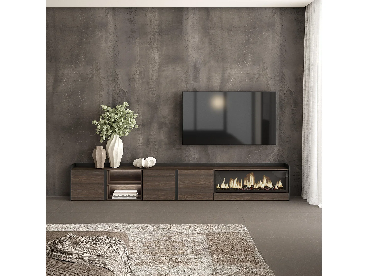 TV-Schrank, Lowboard, 315x50x35 cm, Für TV-Geräte bis zu 80", Elektrokamin XXL, LED, Dunkler Eiche und Schwarz