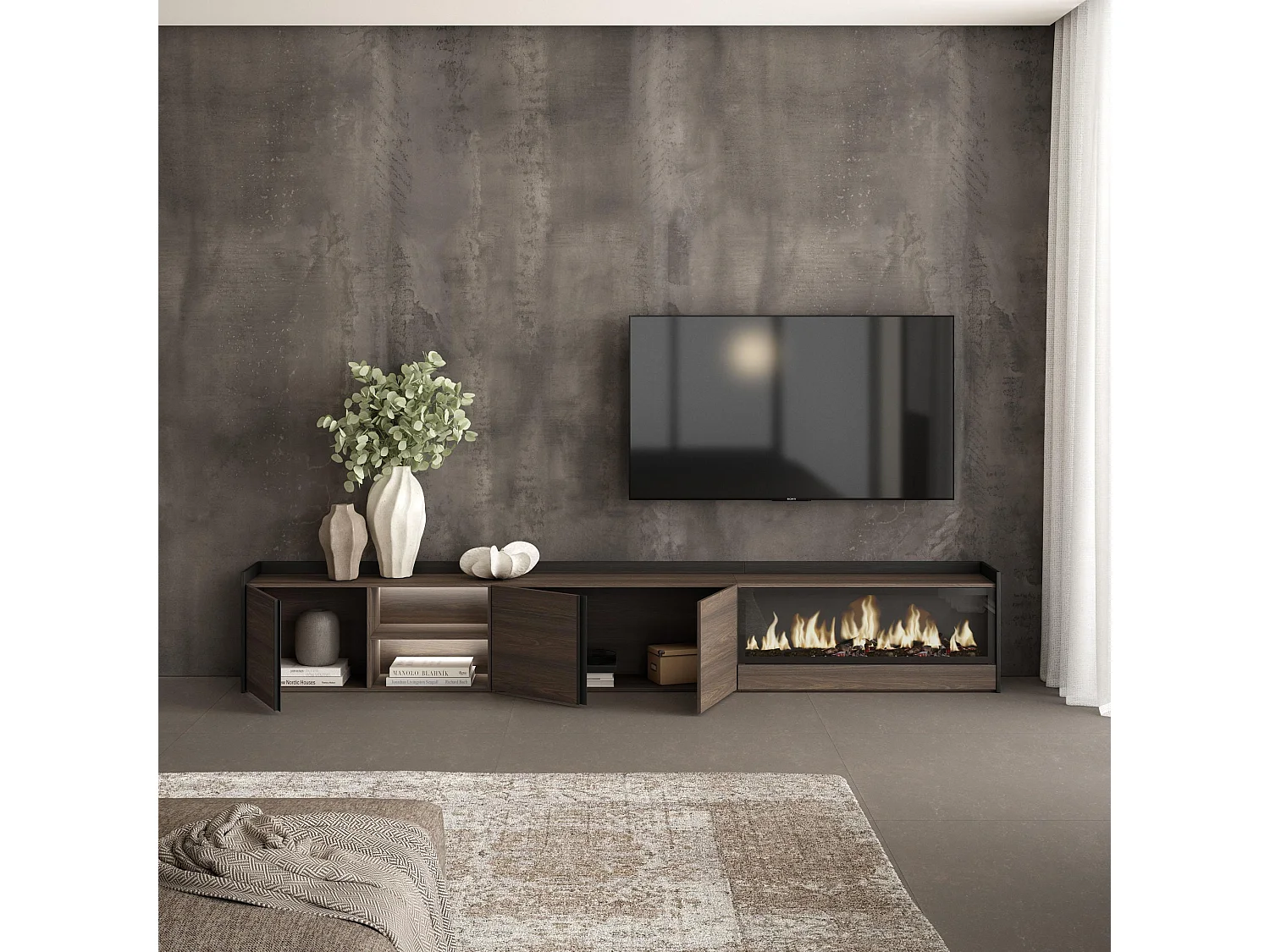 TV-Schrank, Lowboard, 315x50x35 cm, Für TV-Geräte bis zu 80", Elektrokamin XXL, LED, Dunkler Eiche und Schwarz