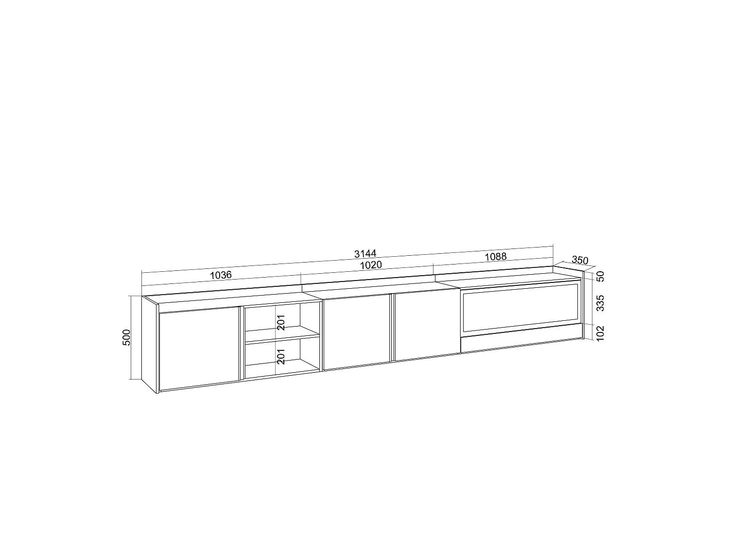 TV-Schrank, Lowboard, 315x50x35 cm, Für TV-Geräte bis zu 80", Elektrokamin XXL, LED, Dunkler Eiche und Schwarz