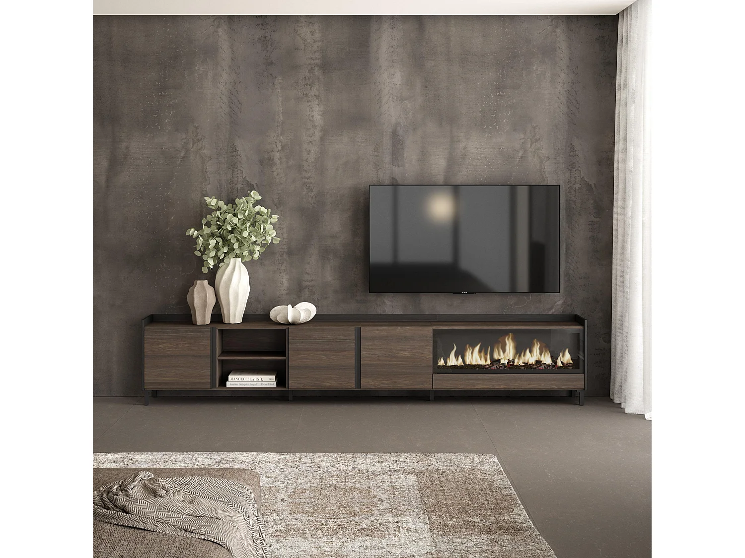 TV-Meubel, Lowboard, 315x61x35 cm, Voor tv's tot 80", Elektrische haard XXL, Industrieel design, Donkere eik en Zwart