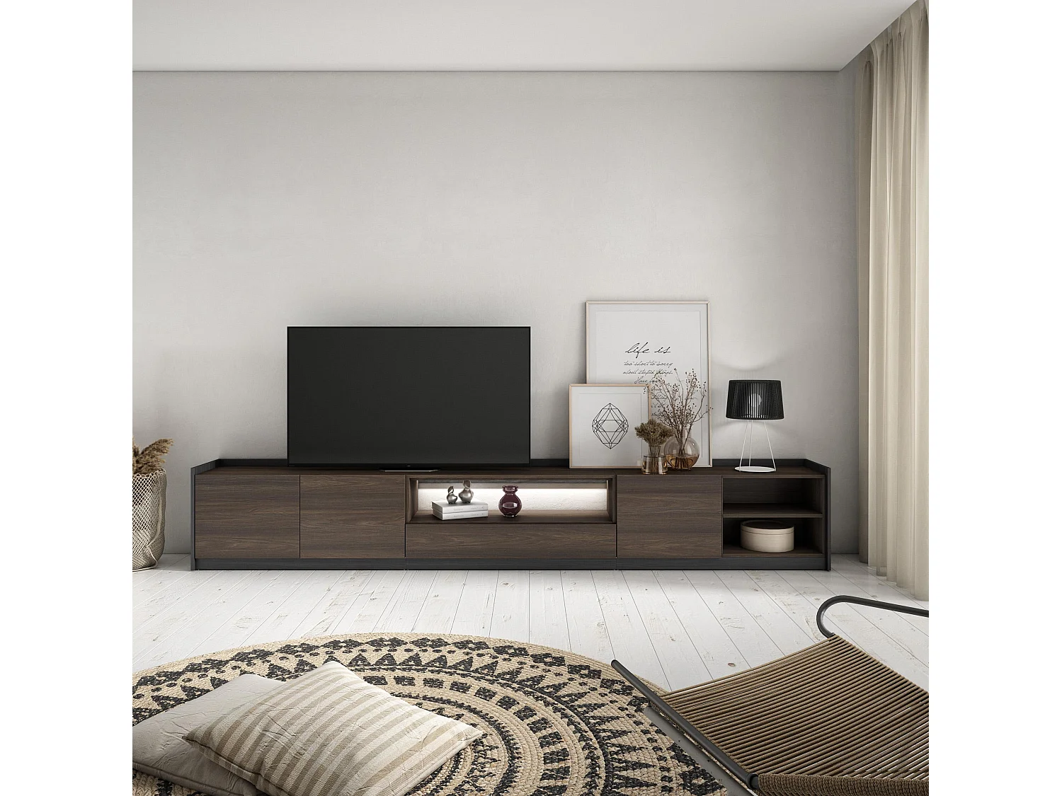 TV-Schrank, Lowboard, 310x50x37 cm, Für TV-Geräte bis zu 80", LED, Dunkler Eiche und Schwarz