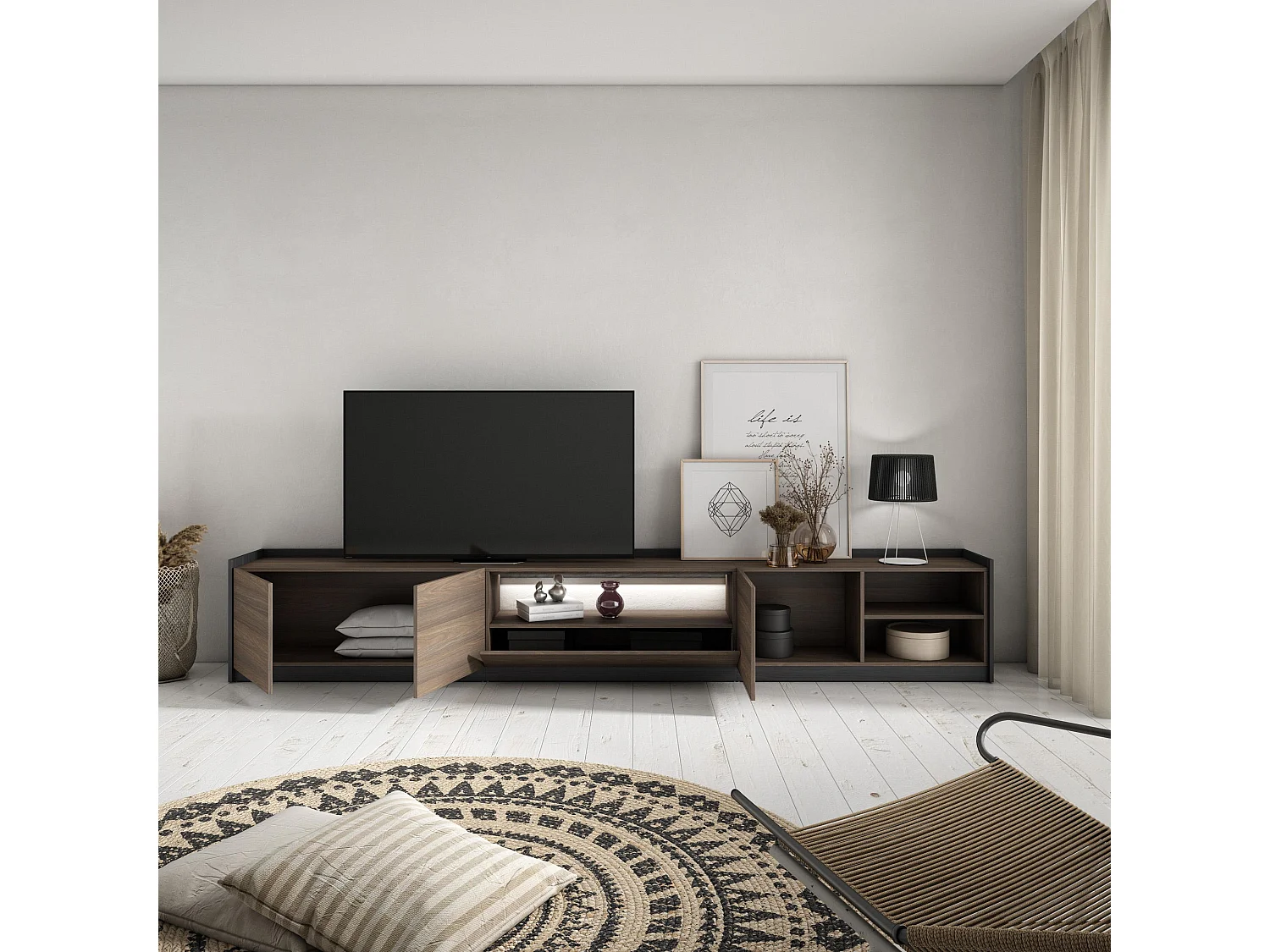 TV-Schrank, Lowboard, 310x50x37 cm, Für TV-Geräte bis zu 80", LED, Dunkler Eiche und Schwarz