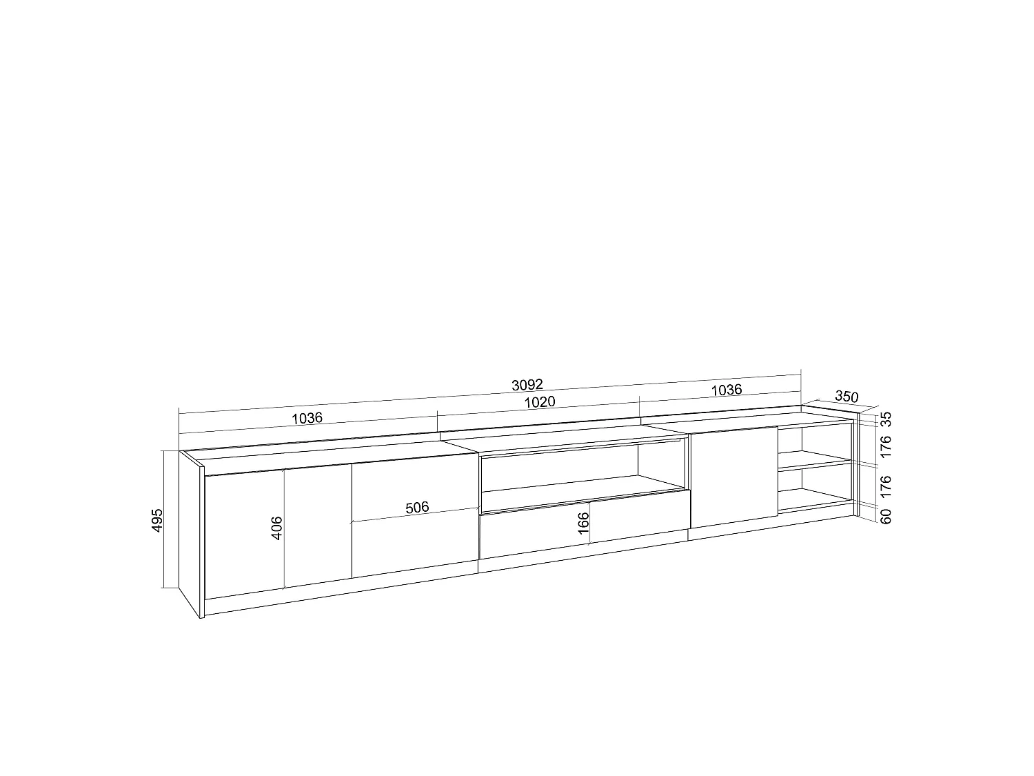 TV-Schrank, Lowboard, 310x50x37 cm, Für TV-Geräte bis zu 80", LED, Dunkler Eiche und Schwarz