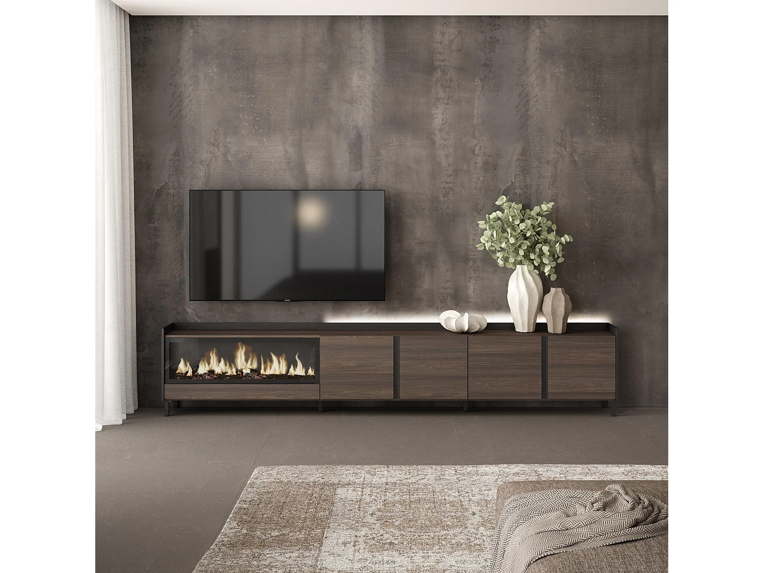 TV-Schrank, Lowboard, 315x61x35 cm, Für TV-Geräte bis zu 80", Elektrokamin XXL, Industriedesign, LED, Dunkler Eiche und Schwarz
