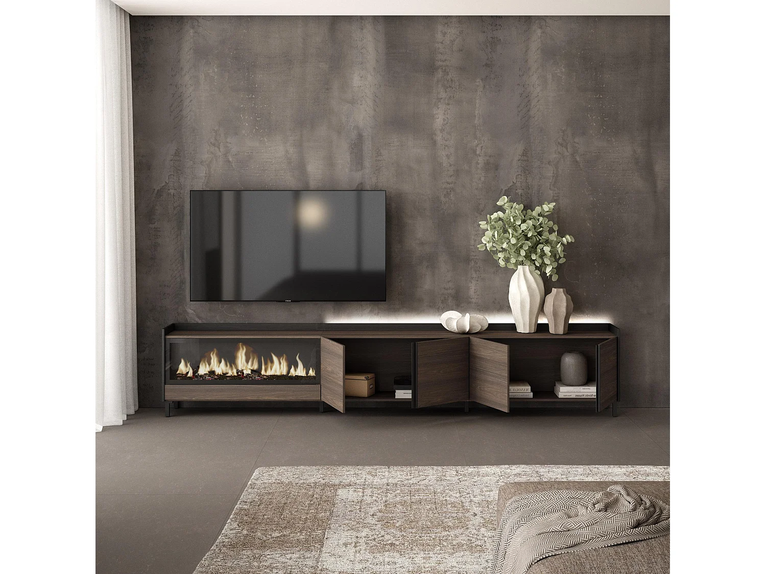 TV-Schrank, Lowboard, 315x61x35 cm, Für TV-Geräte bis zu 80", Elektrokamin XXL, Industriedesign, LED, Dunkler Eiche und Schwarz