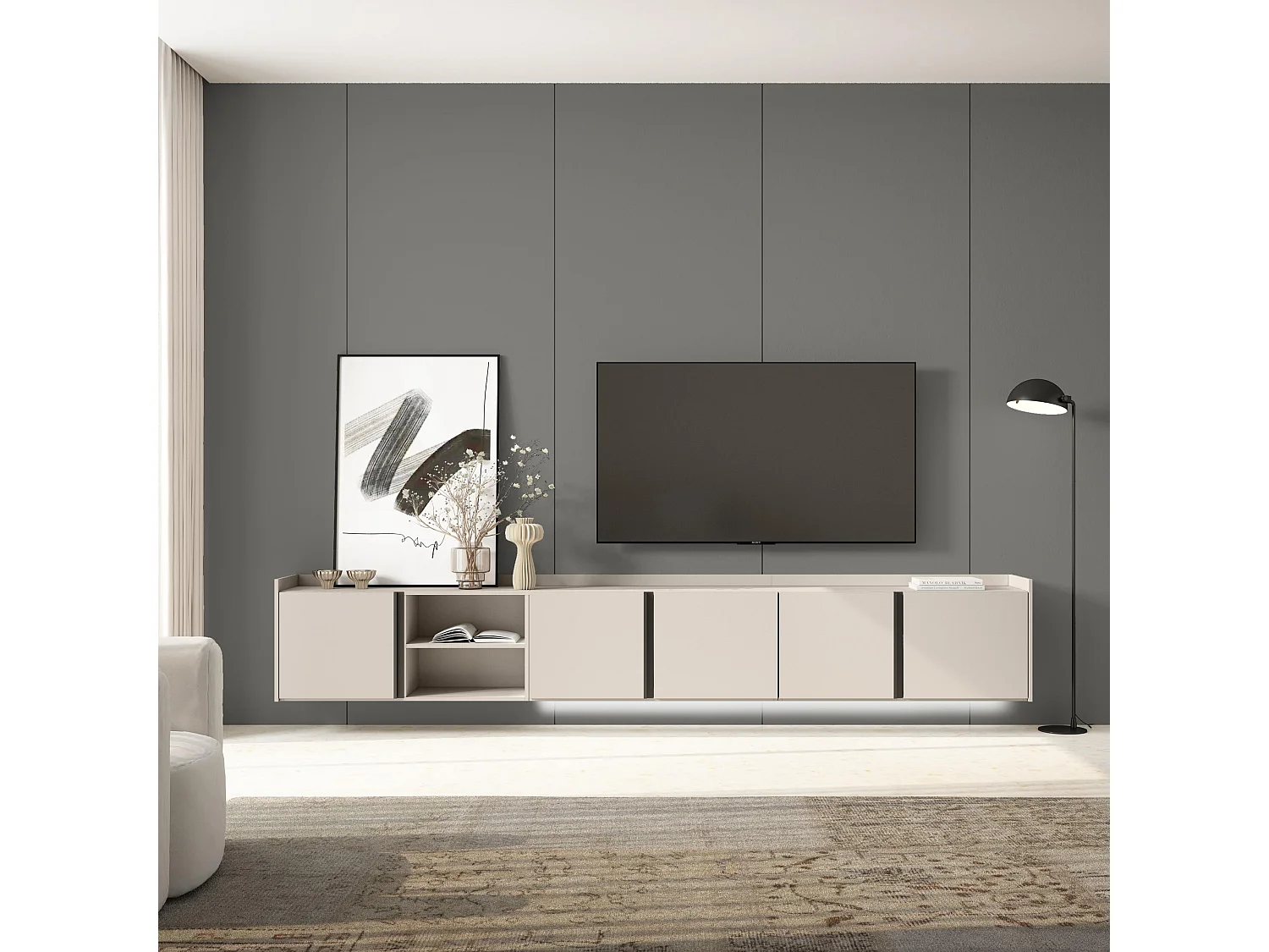 TV-Schrank, Lowboard, 309x50x35 cm, Für TV-Geräte bis zu 80", Hängend, LED, Beige
