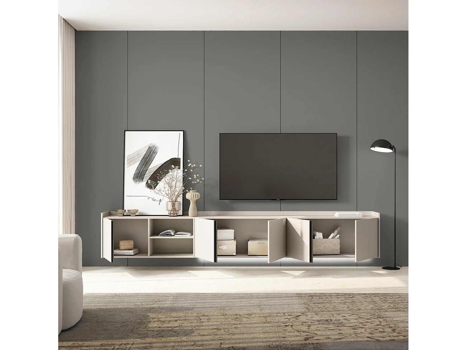 TV-Schrank, Lowboard, 309x50x35 cm, Für TV-Geräte bis zu 80", Hängend, LED, Beige