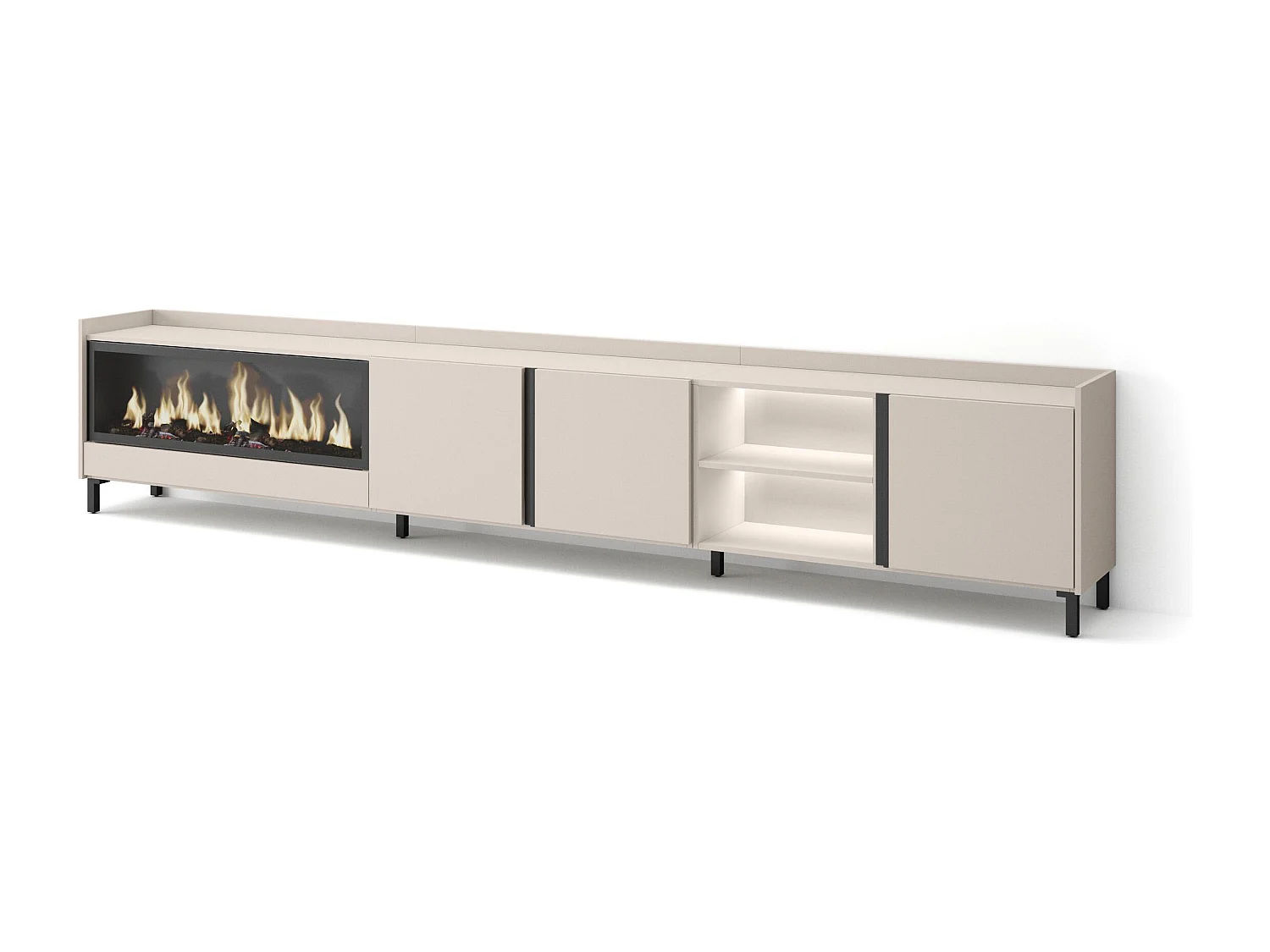 TV-Meubel, Lowboard, 315x61x35 cm, Voor tv's tot 80", Elektrische haard XXL, Industrieel design, LED, Beige