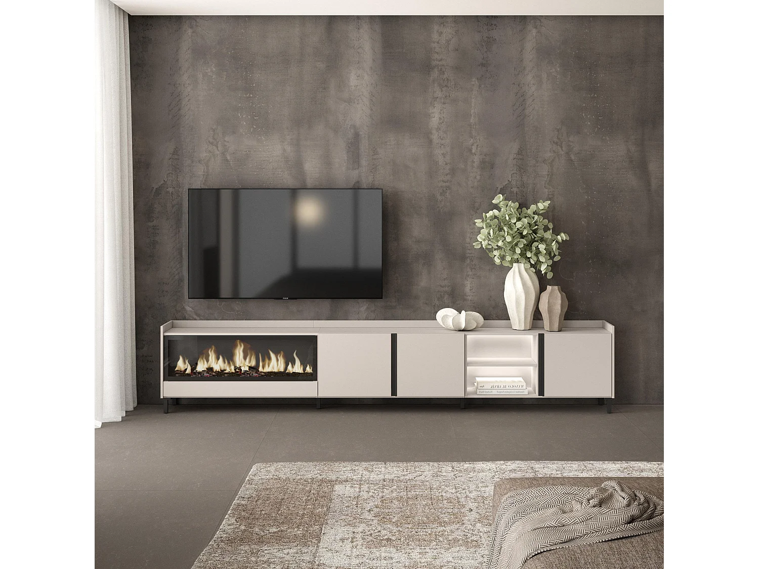 TV-Meubel, Lowboard, 315x61x35 cm, Voor tv's tot 80", Elektrische haard XXL, Industrieel design, LED, Beige