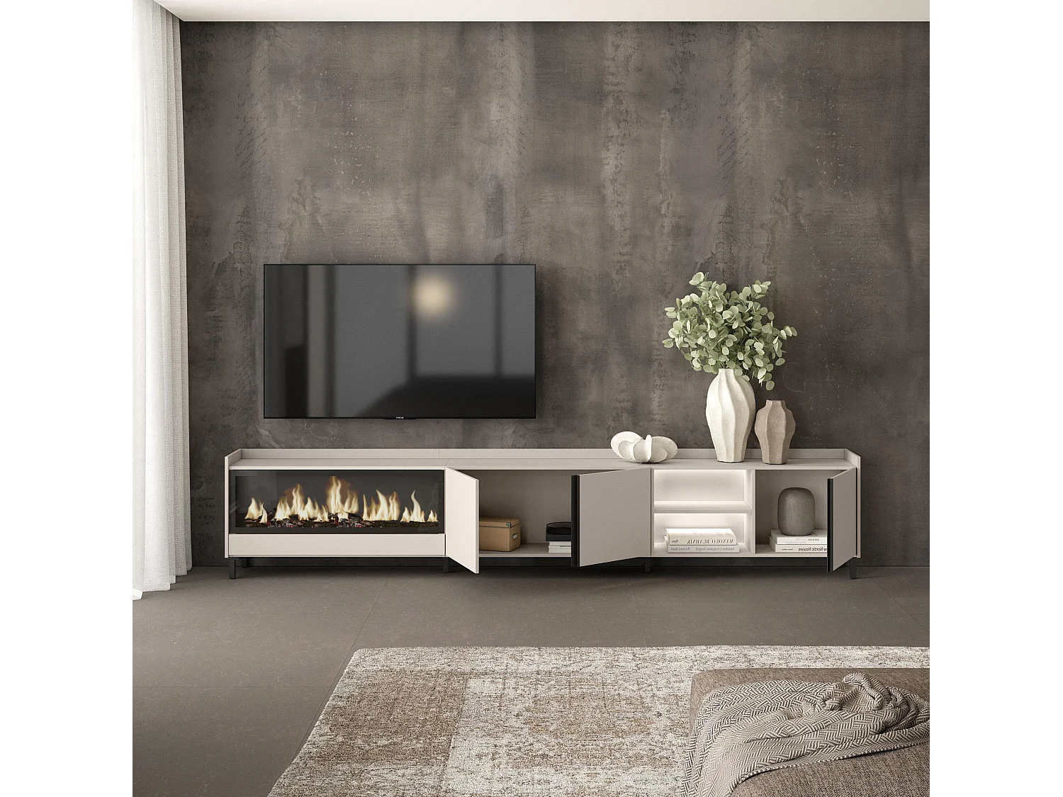 TV-Meubel, Lowboard, 315x61x35 cm, Voor tv's tot 80", Elektrische haard XXL, Industrieel design, LED, Beige