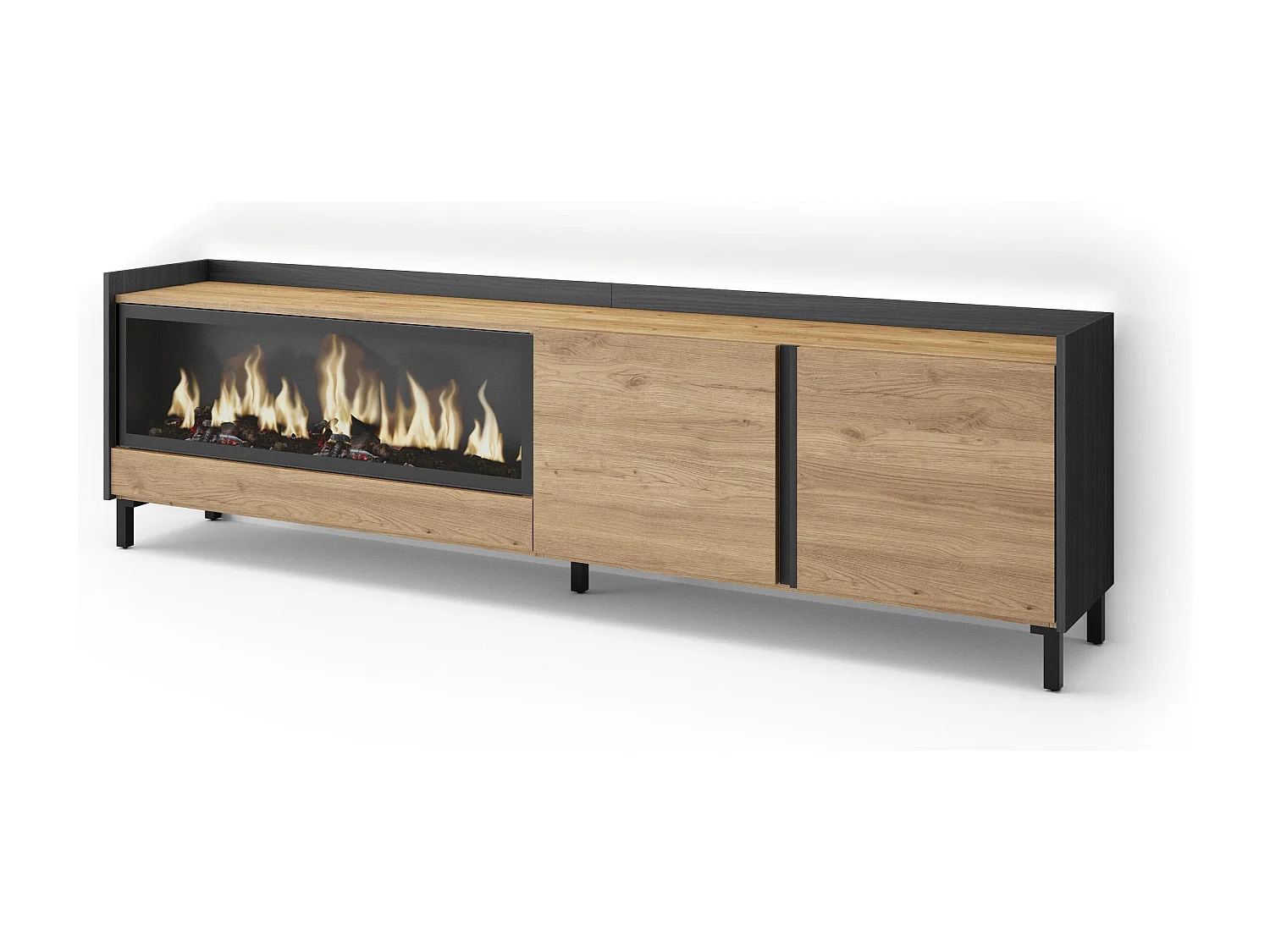 TV-Meubel, Lowboard, 212x61x35 cm, Voor tv's tot 80", Elektrische haard XXL, Industrieel design, LED, Eiken/Zwart