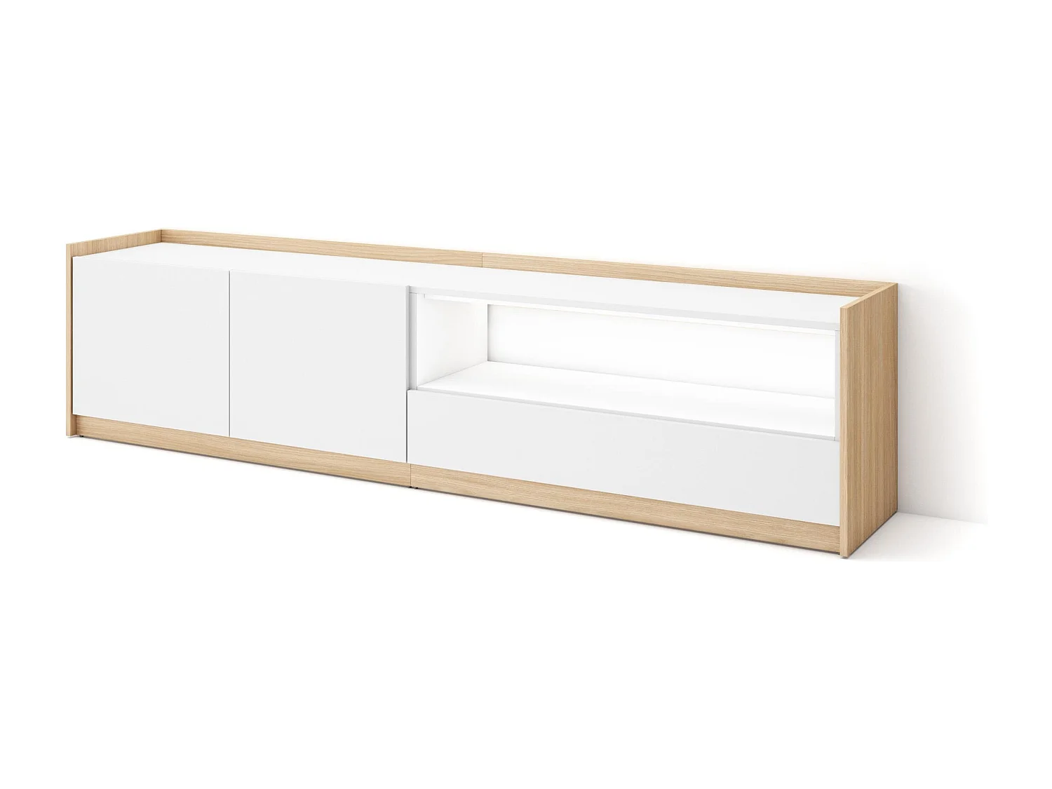 TV-Schrank, Lowboard, 207x50x37 cm, Für TV-Geräte bis zu 80", LED, Weiß und Eiche Soft