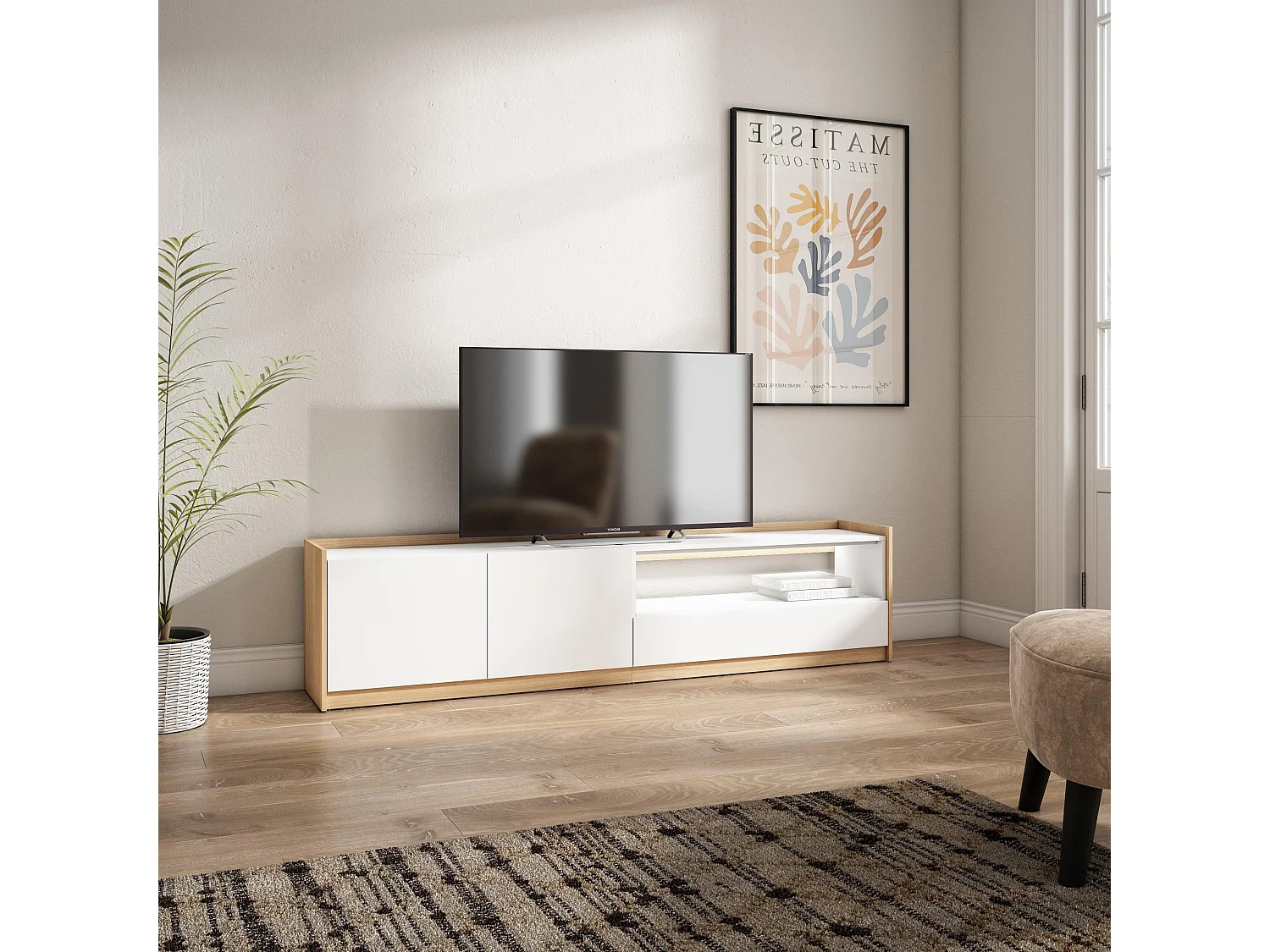 TV-Schrank, Lowboard, 207x50x37 cm, Für TV-Geräte bis zu 80", LED, Weiß und Eiche Soft