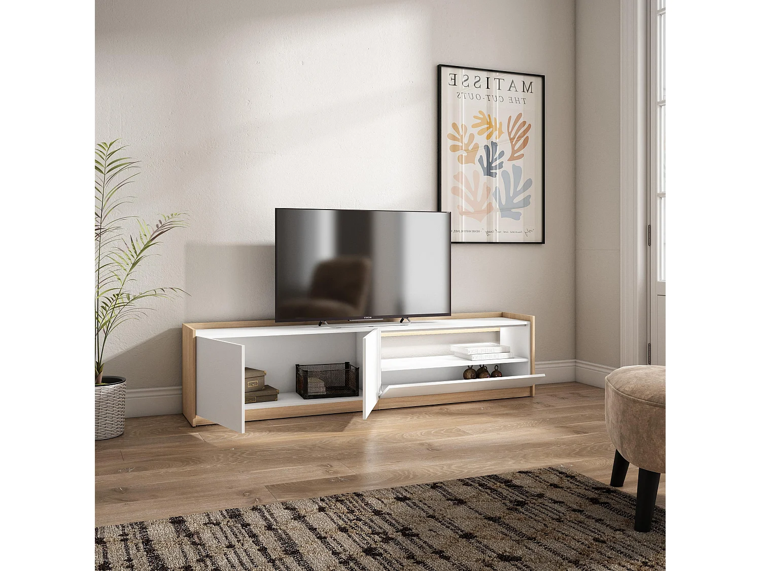 TV-Schrank, Lowboard, 207x50x37 cm, Für TV-Geräte bis zu 80", LED, Weiß und Eiche Soft